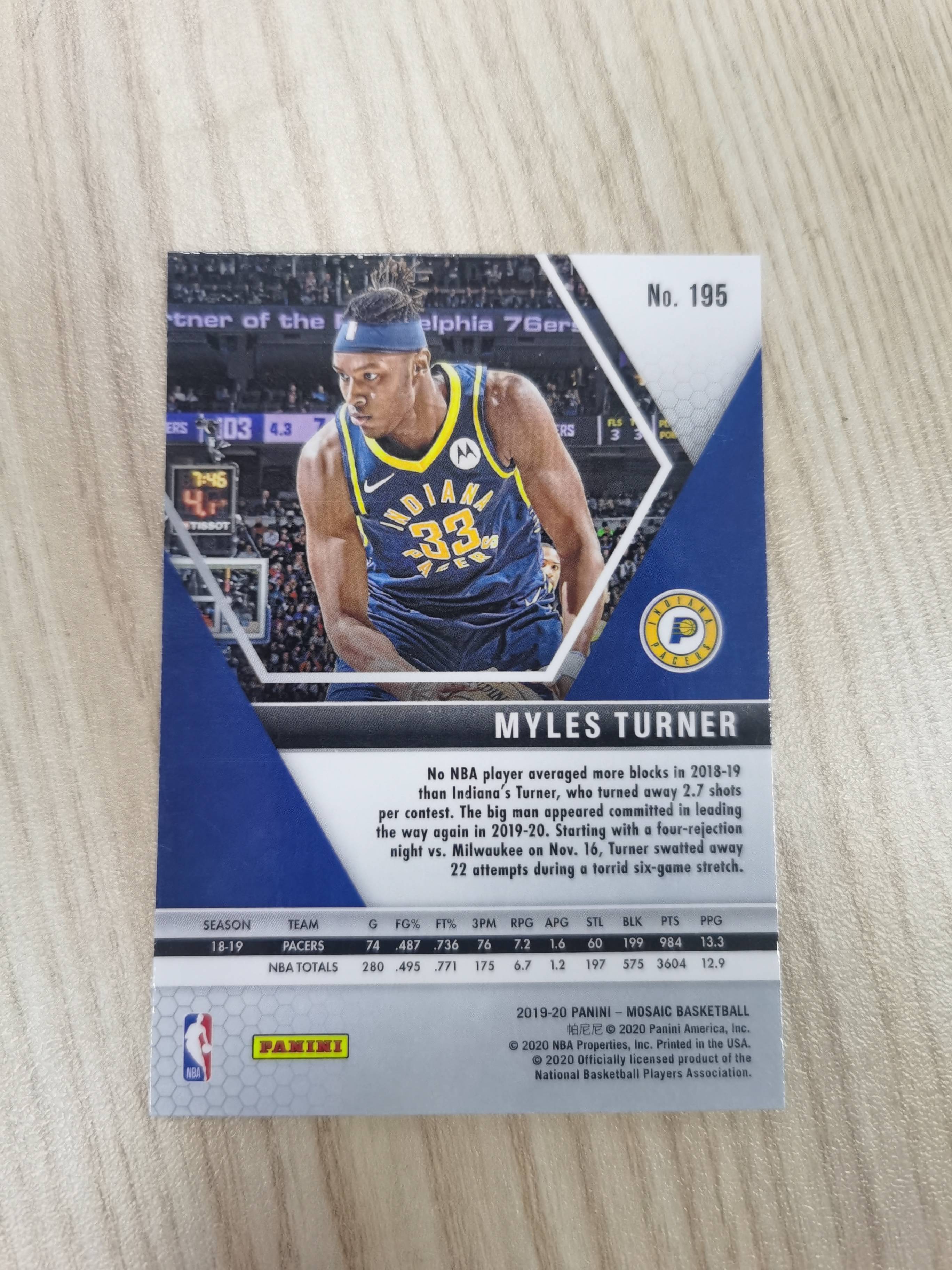 2019-20 Panini Mosaic Myles Turner 2019-20 迈尔斯-特纳 马赛克 2019赛季盖帽王 攻防俱佳 效力步行者7个赛季 硬通货 极具收藏价值