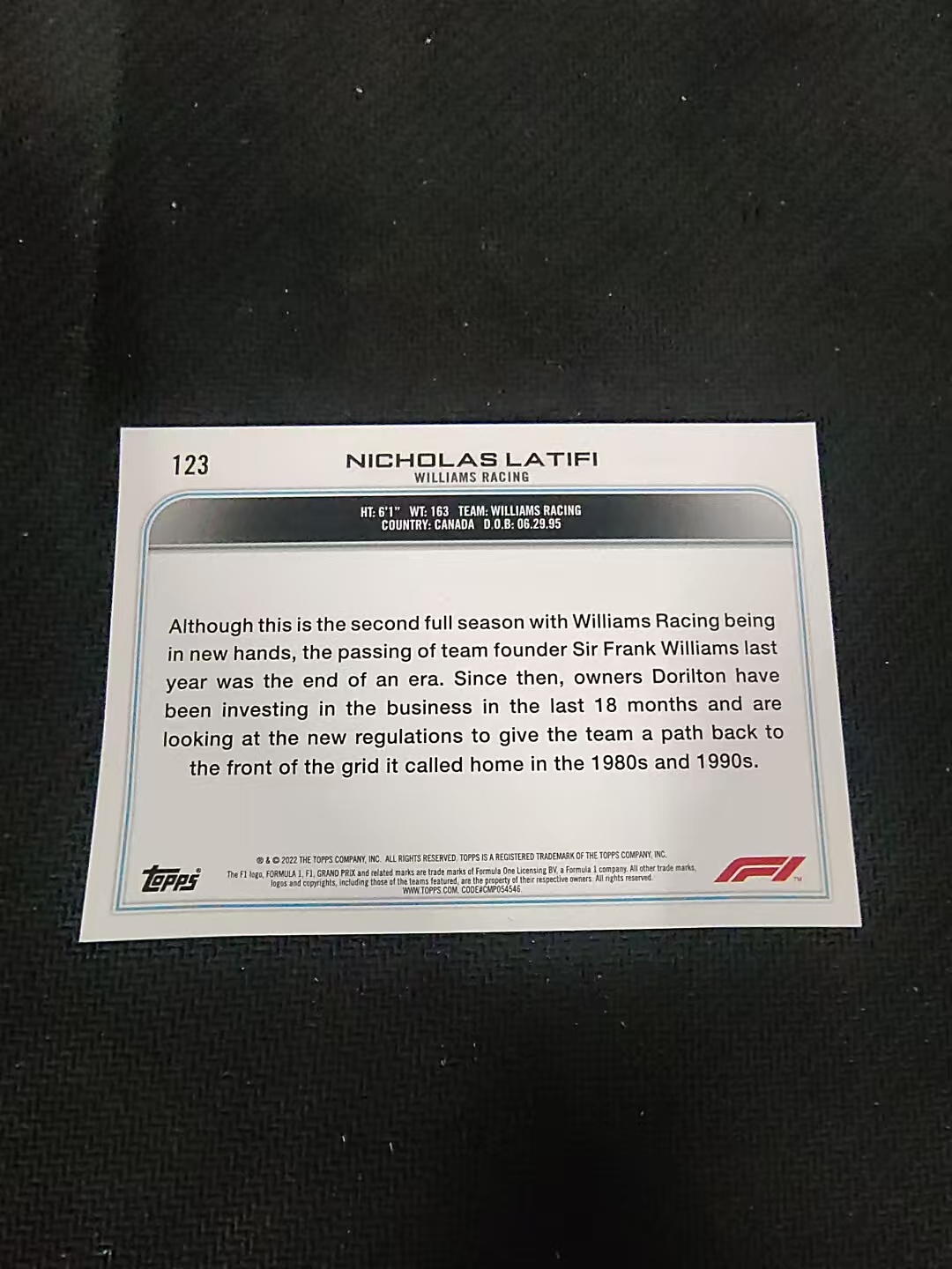【汽水拍卖】2022 Topps Chrome F1 Nicholas Latifi 尼古拉斯 拉提菲 划痕 边角瑕疵 @123