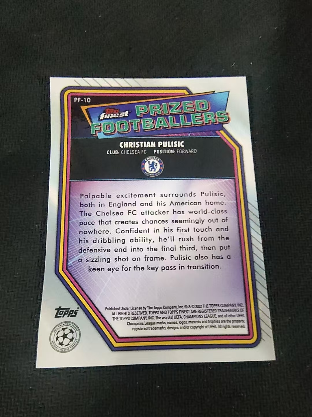 【可合并,不累计】2022 Topps Finest Christian Pulisic 欧冠 普利希奇 切尔西 银折 典范球员特卡 划痕 边角瑕疵