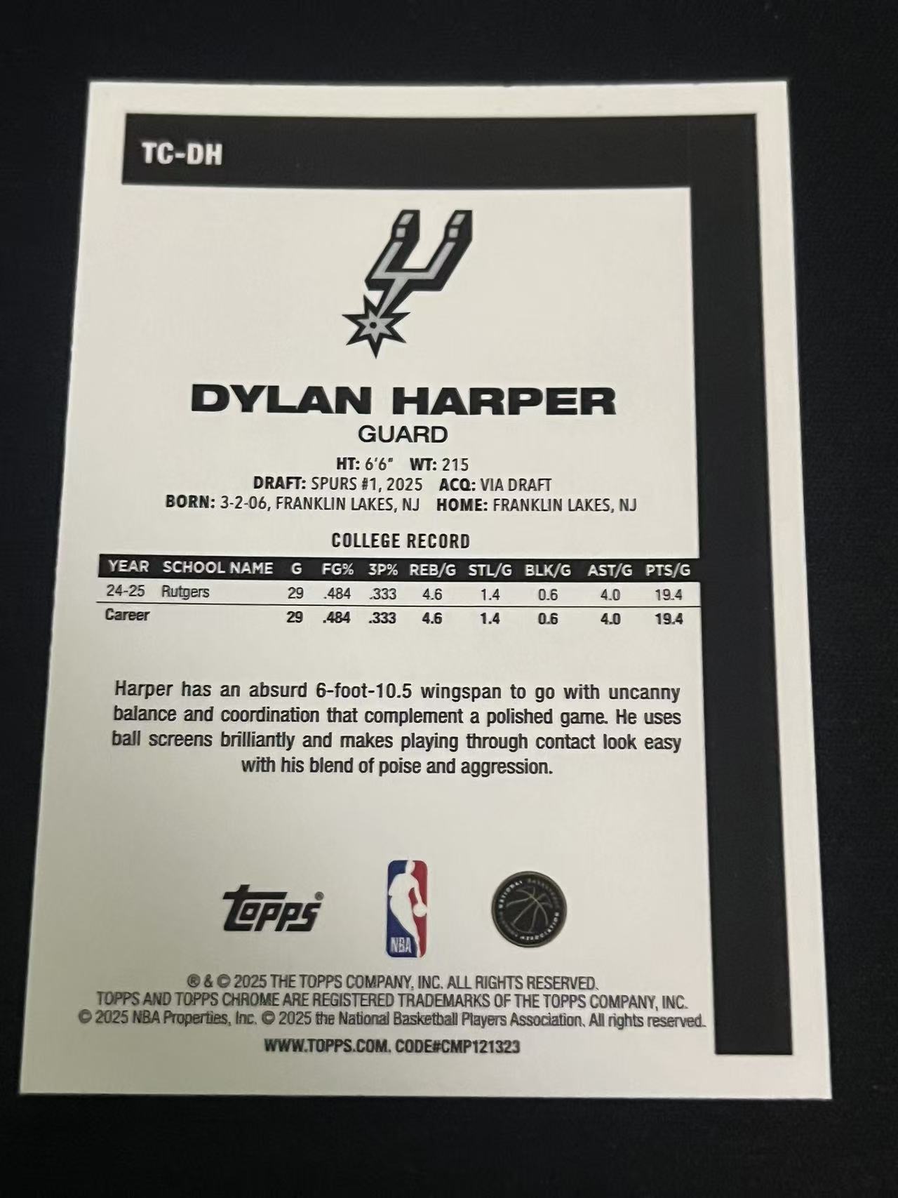 2025 Topps Flagship Dylan Harper RC 马刺 榜眼秀 迪伦-哈珀 新秀 复古特卡 mojo折