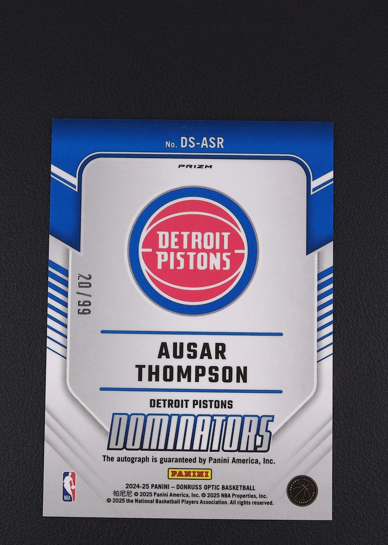 2024-25 Panini Donruss Optic Ausar Thompson 【阿福代卖】 奥萨尔 汤普森 活塞 签字 杜蕾斯OP 99编 银折 收藏必备 (行行行)
