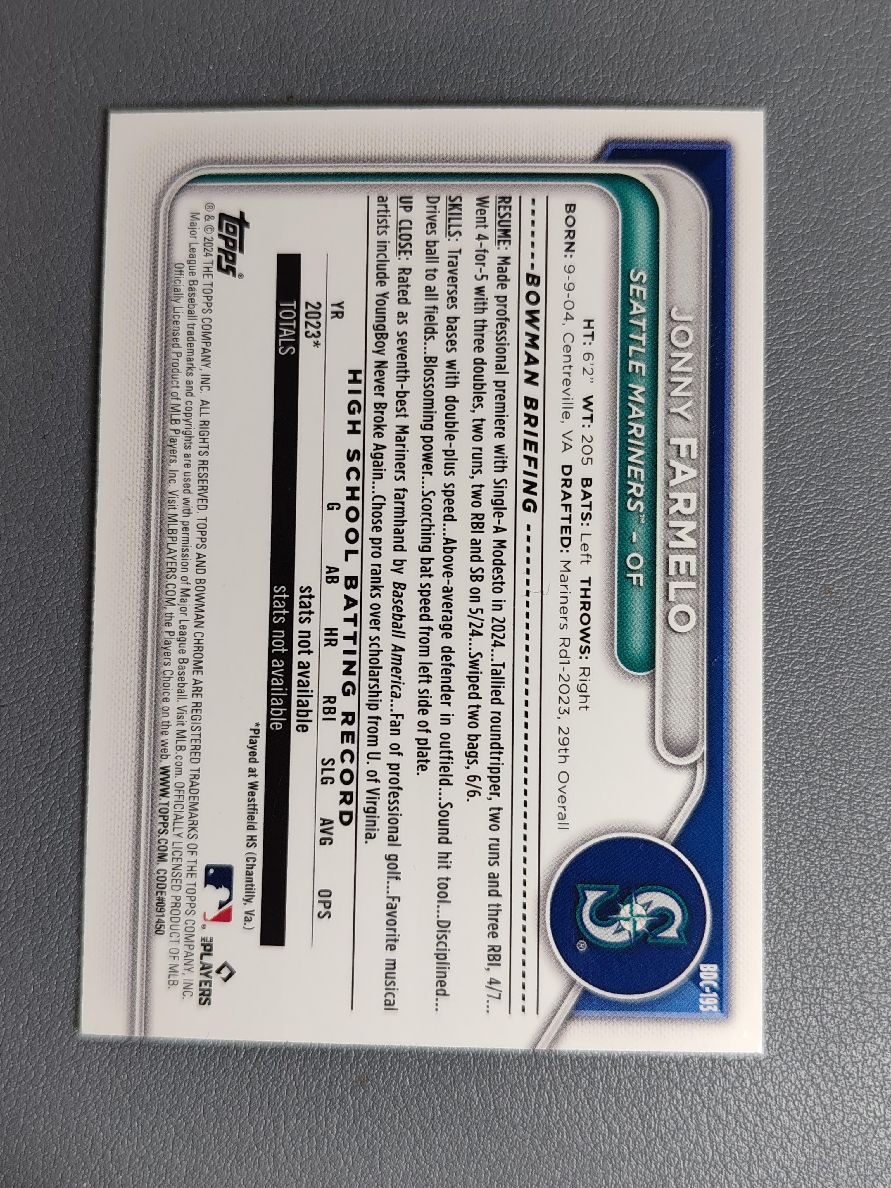 2024 Topps Bowman Jonny Farmelo 200编!银碎点折!