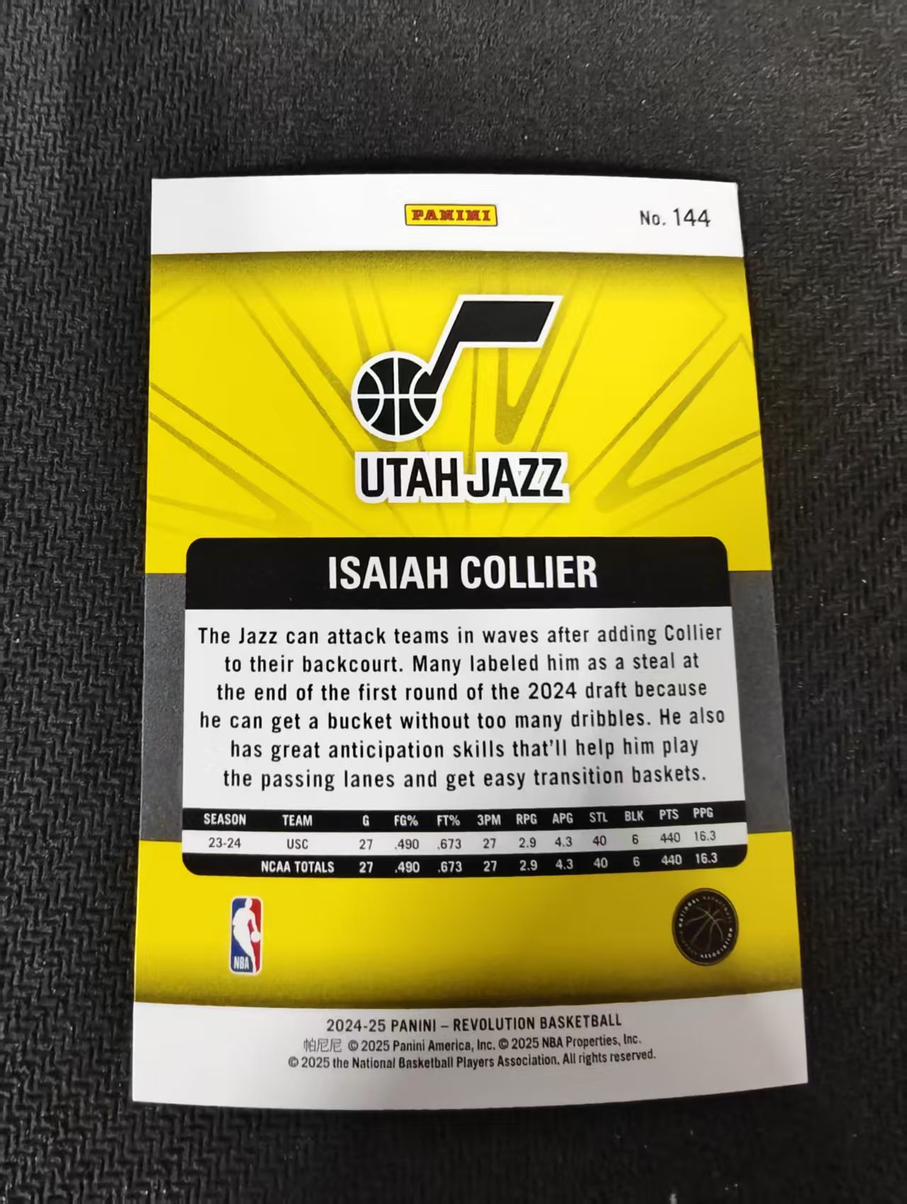 【可合并,不累计】2024-25 Panini Revolution Isaiah Collier RC 革命 新秀 爵士 科利尔 折射 边角瑕疵 #144