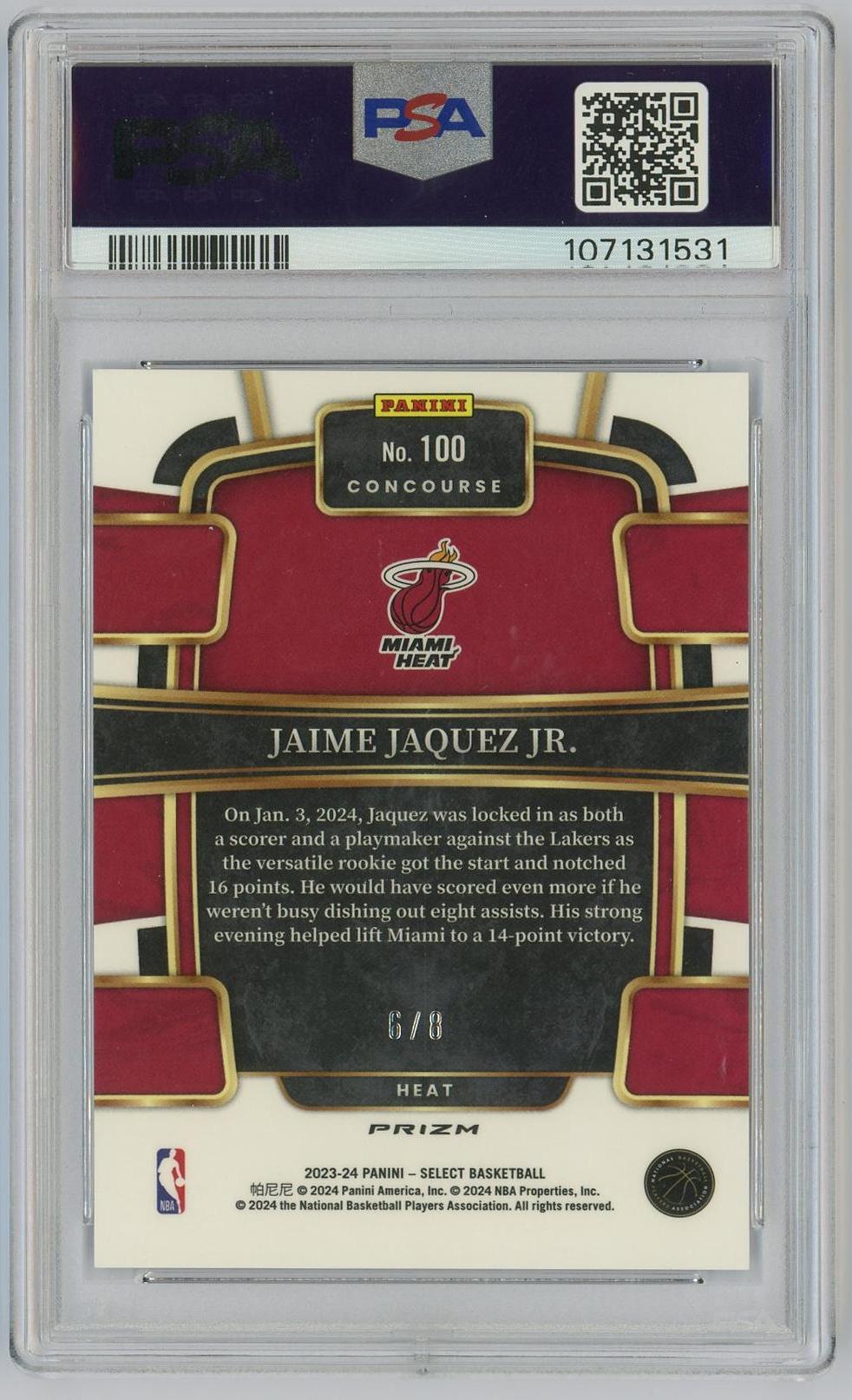 2023-24 Panini Select Jaime Jaquez Jr. RC 小海梅哈克斯 新秀 一级 6/8编 超低编 银hyper折 折射 热火 PSA10 卡品如图 0CG1/11.27