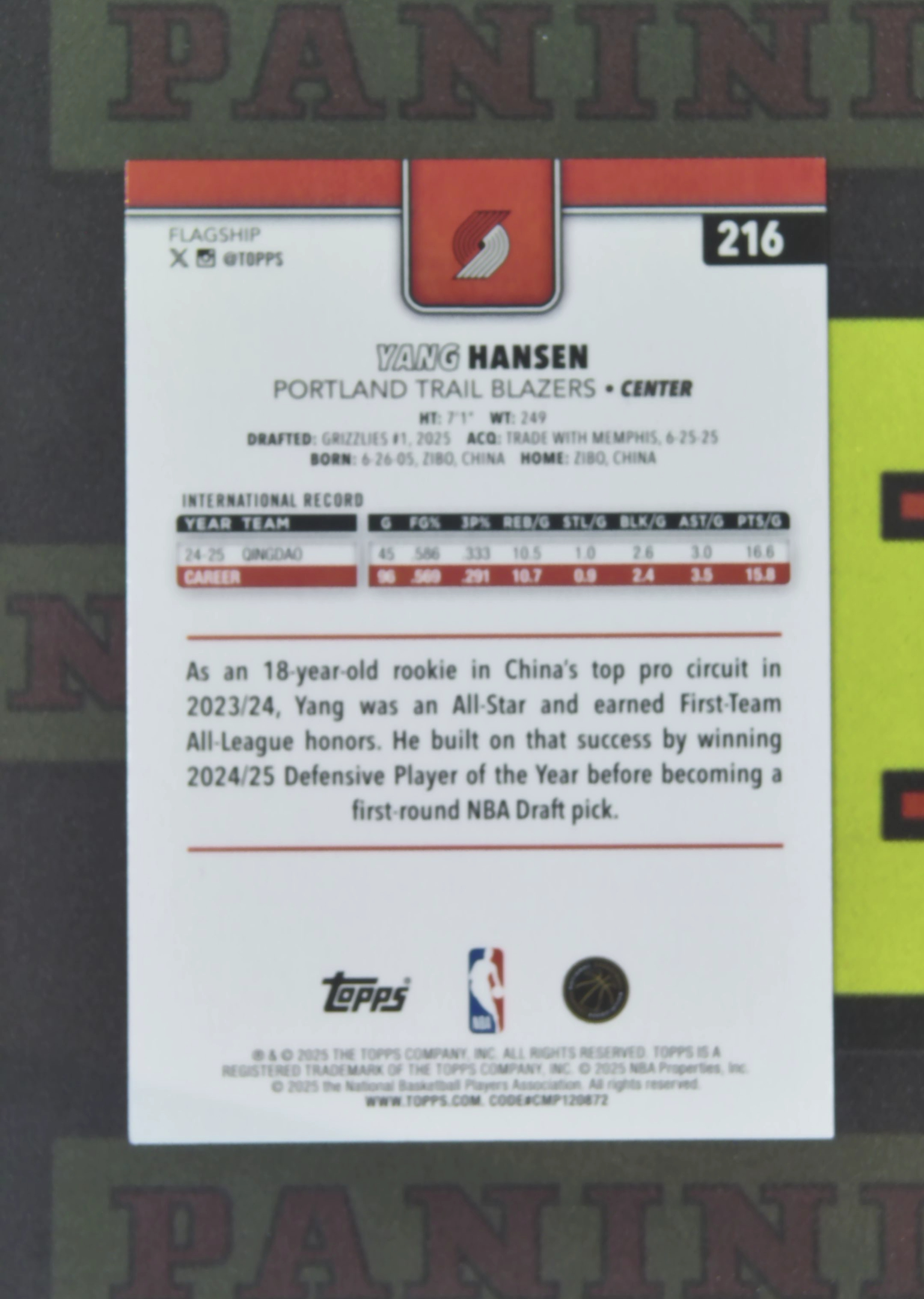 2025-26 Topps Flagship Yang Hansen RC Nirvana Project 杨瀚森 开拓者 新秀 卡品如图 收藏必备 Skrich