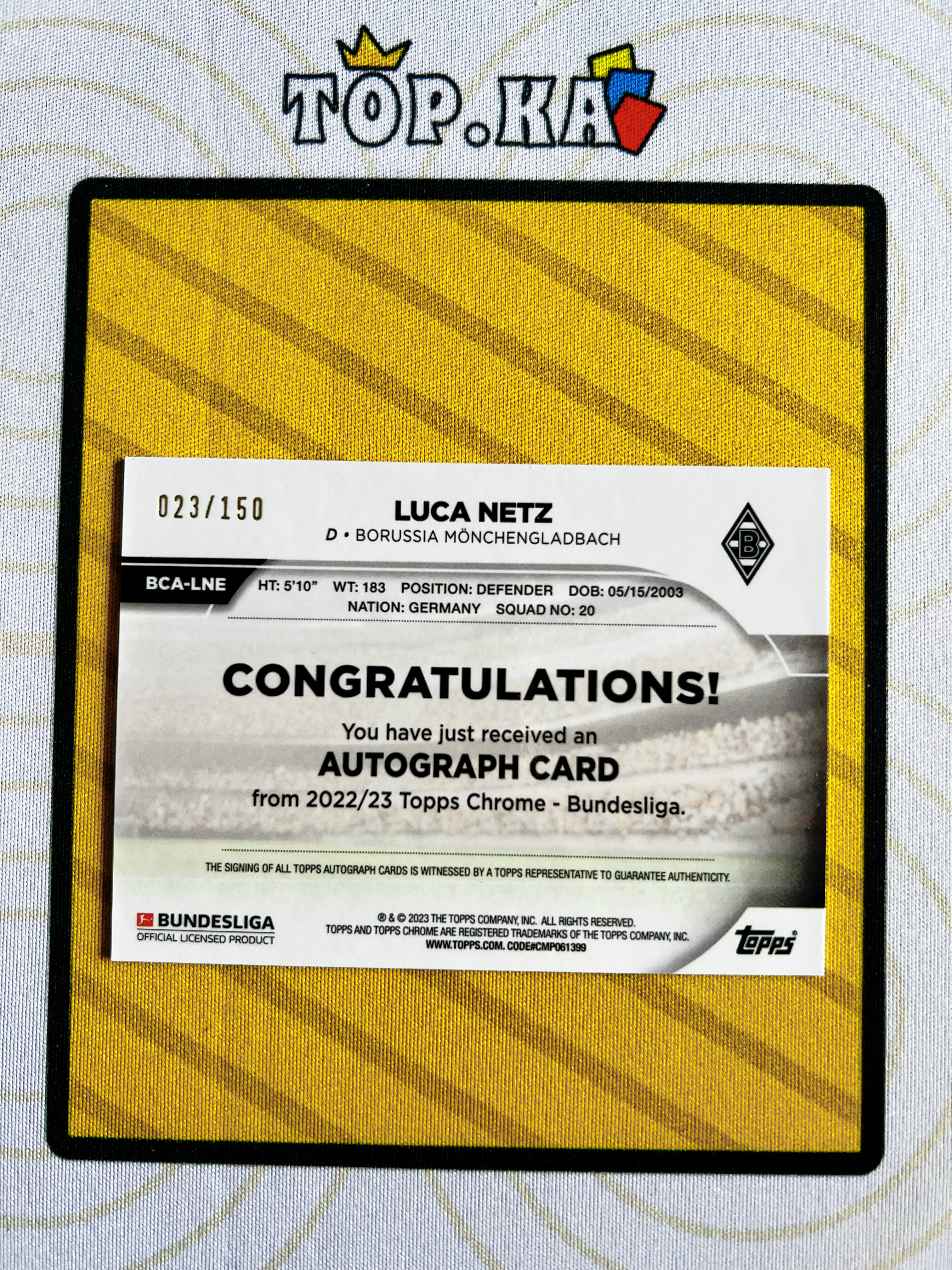 【顶尖卡社】2023 Topps Chrome Luca Netz 德甲 门兴格拉德巴赫 德国 卢卡 内茨 23/150编 签字 完美签 粉折 详情看描述 瑕疵如图【Lawson】