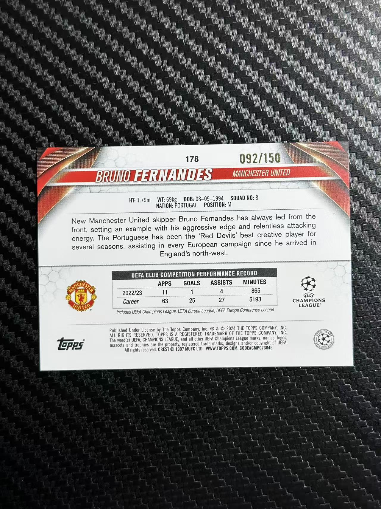 2024 Topps UCC Bruno Fernandes 欧冠 碧玉 B费 布鲁诺 费尔南德斯 曼联 葡萄牙 新年限定折 092/150编 卡品如图 拍前看描述