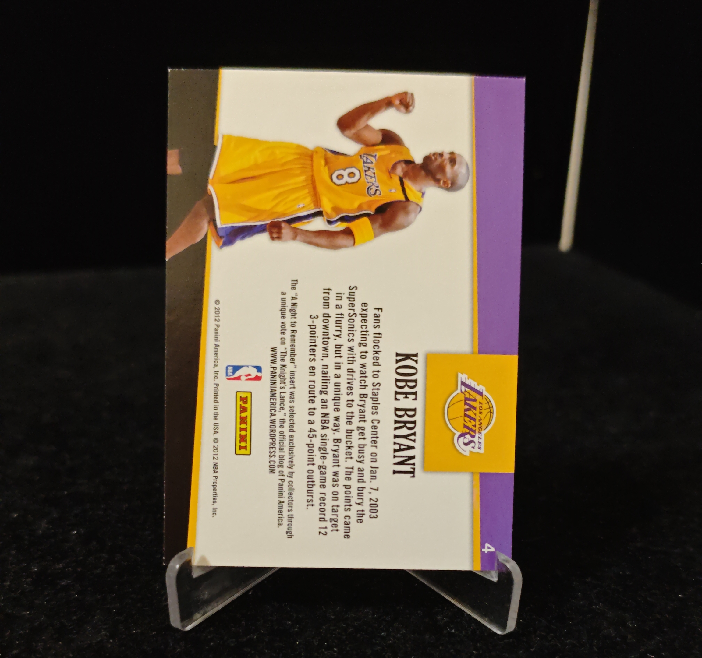2012 Panini Hoops Kobe Bryant #4 科比 布莱恩特 小飞侠 曼巴 黑曼巴 mamba 洛杉矶湖人 横版 卡品如图