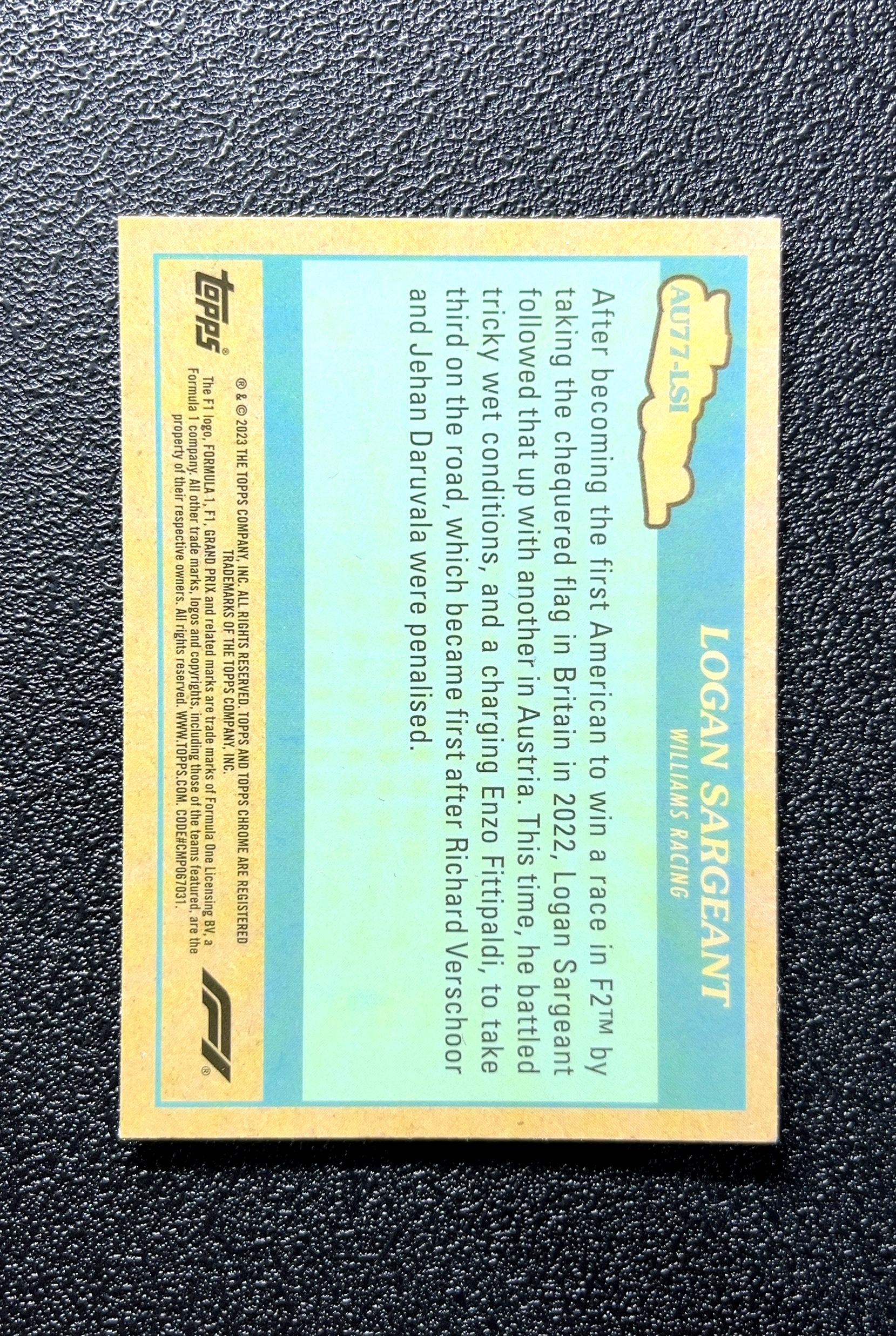 【小白1%代卖】2023 Topps Chrome F1 Logan Sargeant 洛根·萨金特 银折 折射 新秀 RC 卡品如图 高价值 #AUT7-1ST Williams 0806