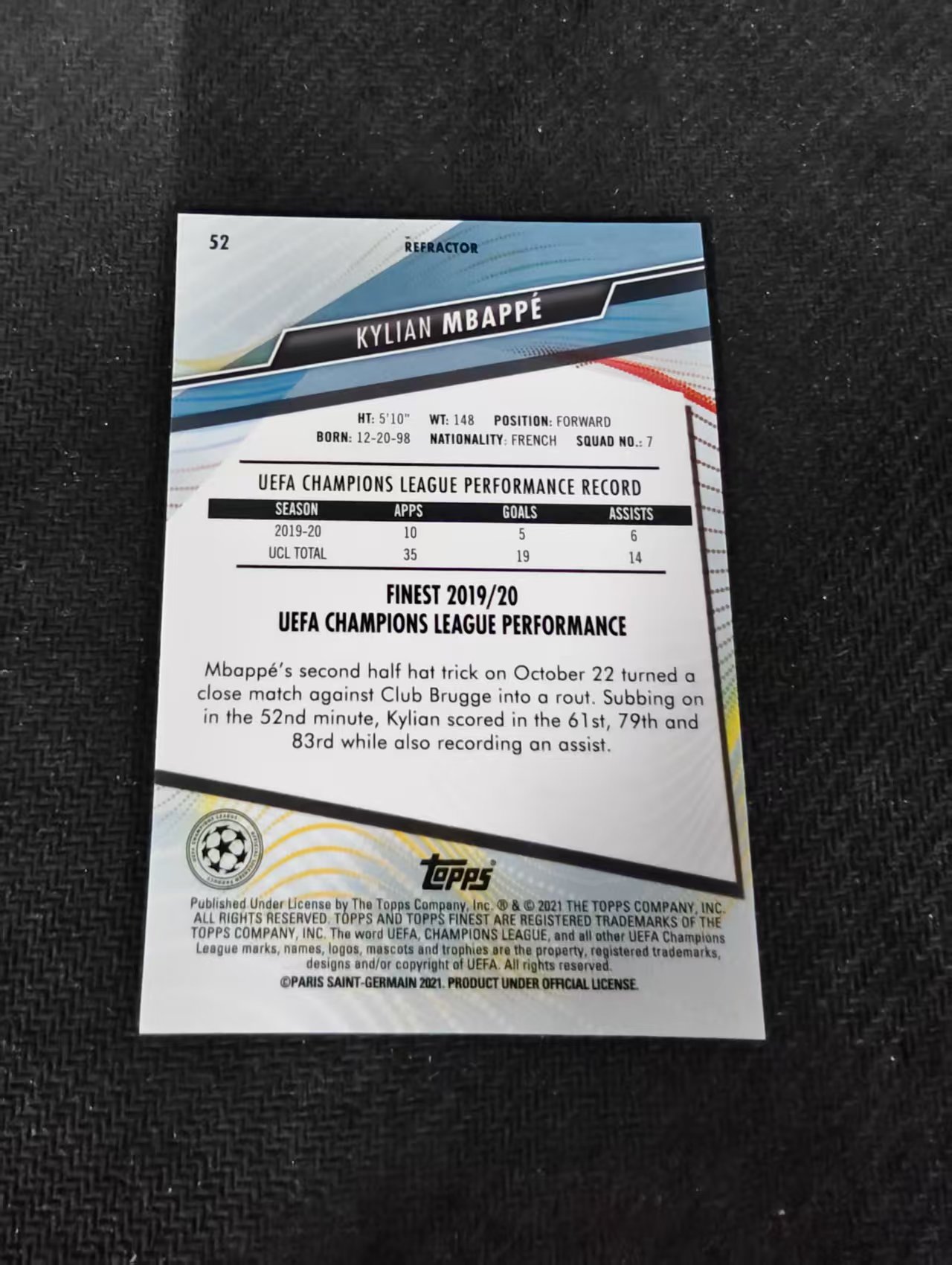 【可合并,不累计】2021 Topps Finest Kylian Mbappe 欧冠 巴黎圣日耳曼 姆巴佩 银折 划痕 边角瑕疵 #52