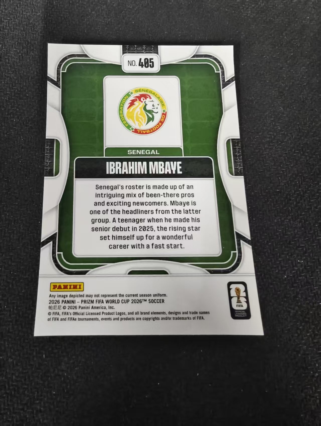 2026 Panini World Cup Prizm Ibrahim Mbaye 巴黎圣日耳曼 塞内加尔 新秀RC 姆巴耶 PZ世界杯 划痕 边角瑕疵#405