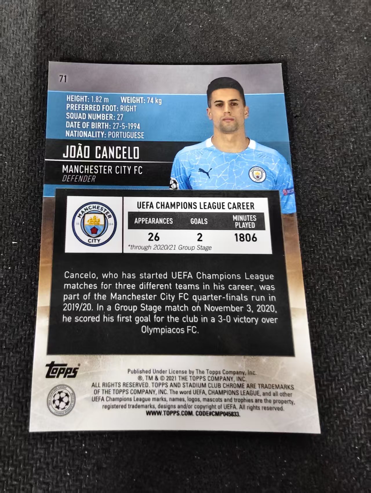 【可合并,不累计】2021 Topps Stadium Club Chrome Joao Cancelo 若昂 坎塞洛 曼城 欧冠 竞技场 不保卡品 介意勿拍 #71