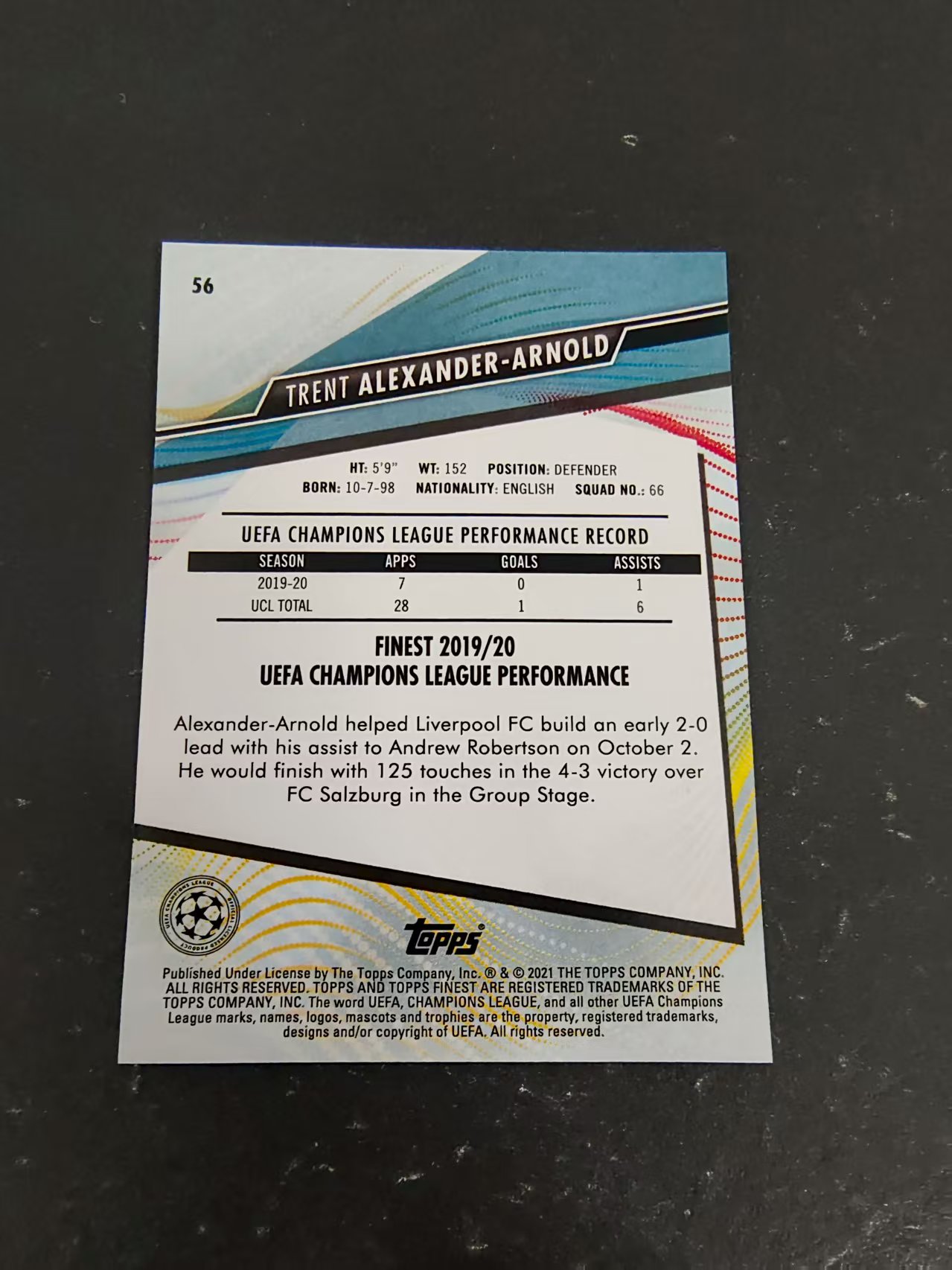 【可合并,不累计】2021 Topps Finest Trent Alexander Arnold 特伦特·亚历山大-阿诺德 利物浦 欧冠 划痕 边角瑕疵 #56