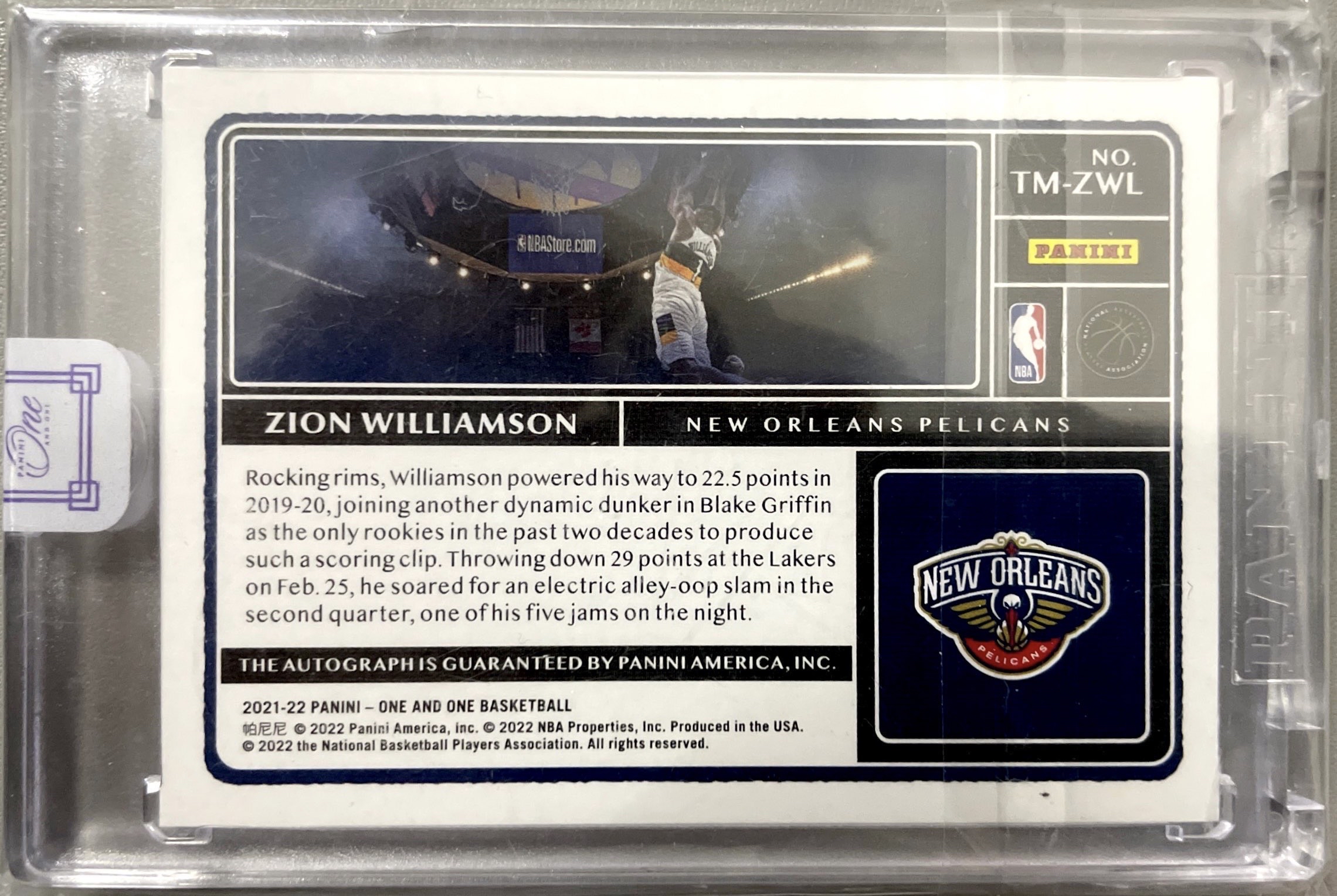 2021-22 Panini One and One Zion Williamson 锡安 胖虎 one and one oao 时刻 银笔签字 41/49编 原封砖。