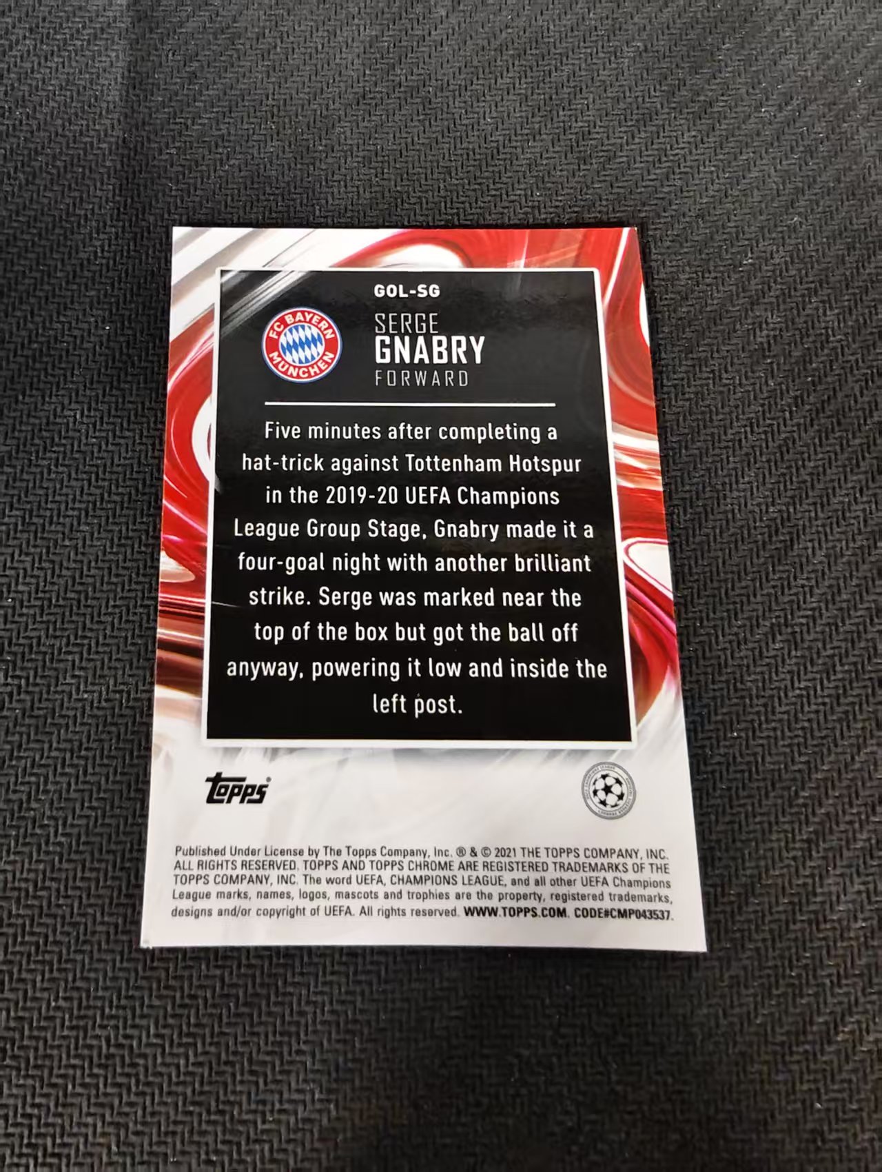 【可合并,不累计】2021 Topps Chrome Serge Gnabry 格纳布里 拜仁 Golazo进球特卡 欧冠 银折 划痕 边角瑕疵
