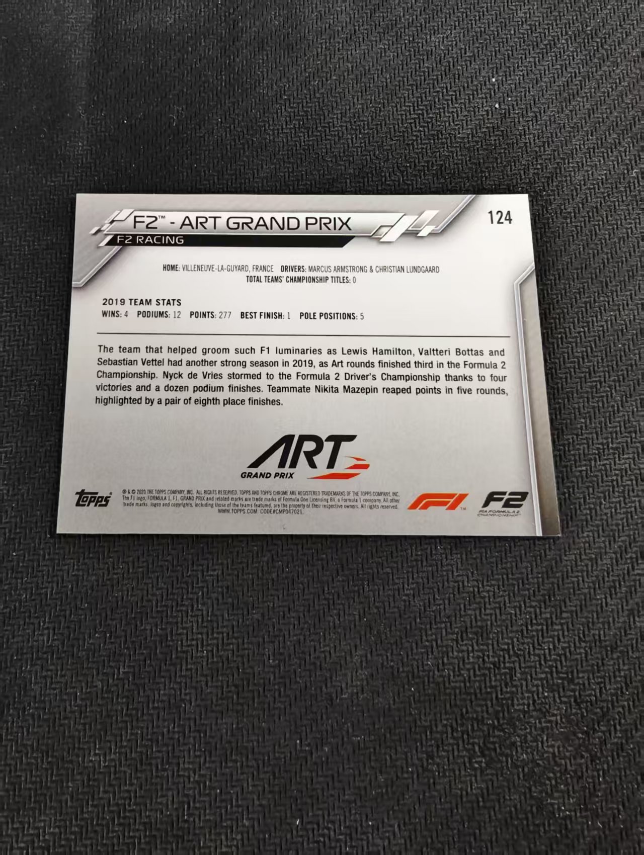 【汽水拍卖】2020 Topps Chrome F1 F2 ART Grand Prix 车队 队徽特卡 Team Logo特卡 蓝宝石 碎冰折 瑕疵如图