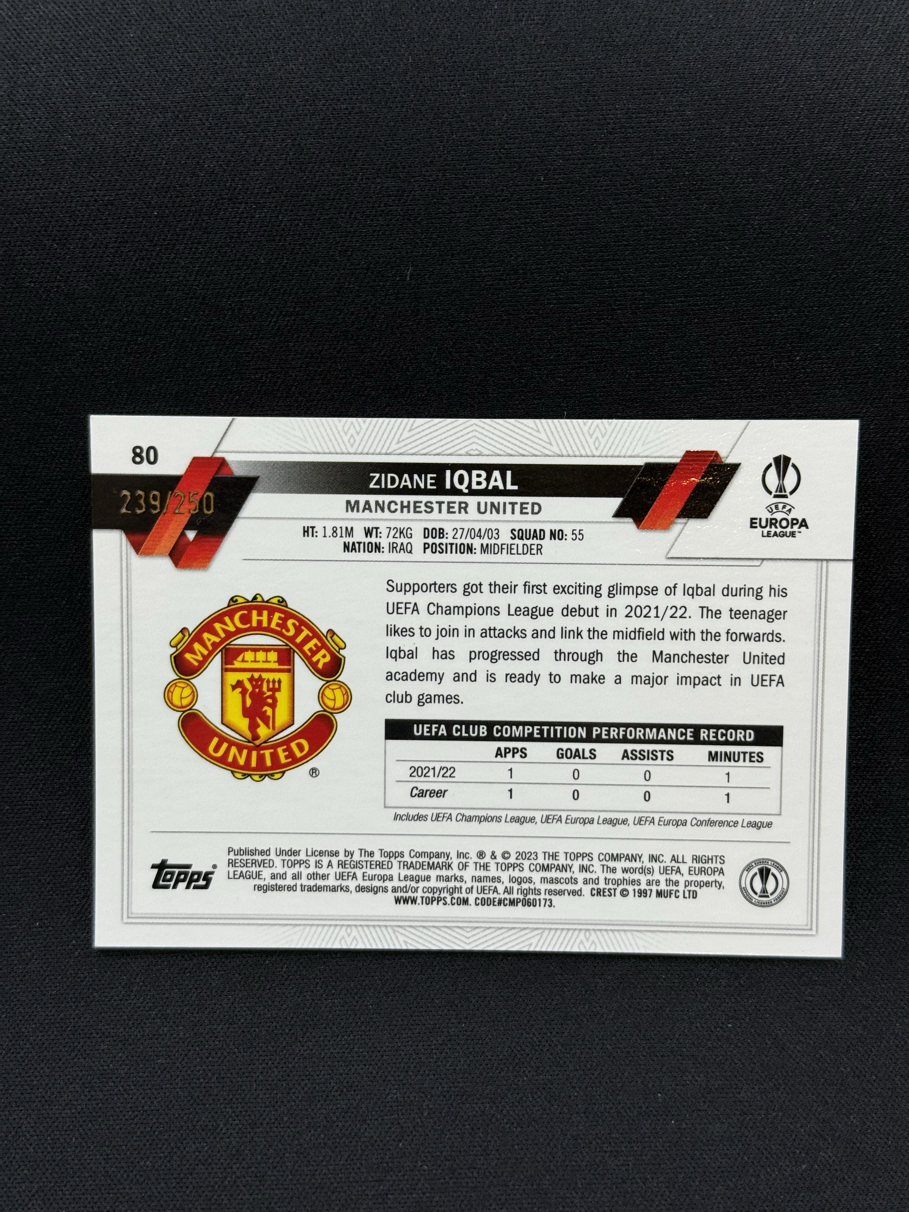 2022-23 Topps Chrome Zidane Iqbal 【小贝代拍】欧战 Tc 曼联 齐达内 伊克巴尔 粉shimmer折 250编 卡品如图 拍前看描述 XNP