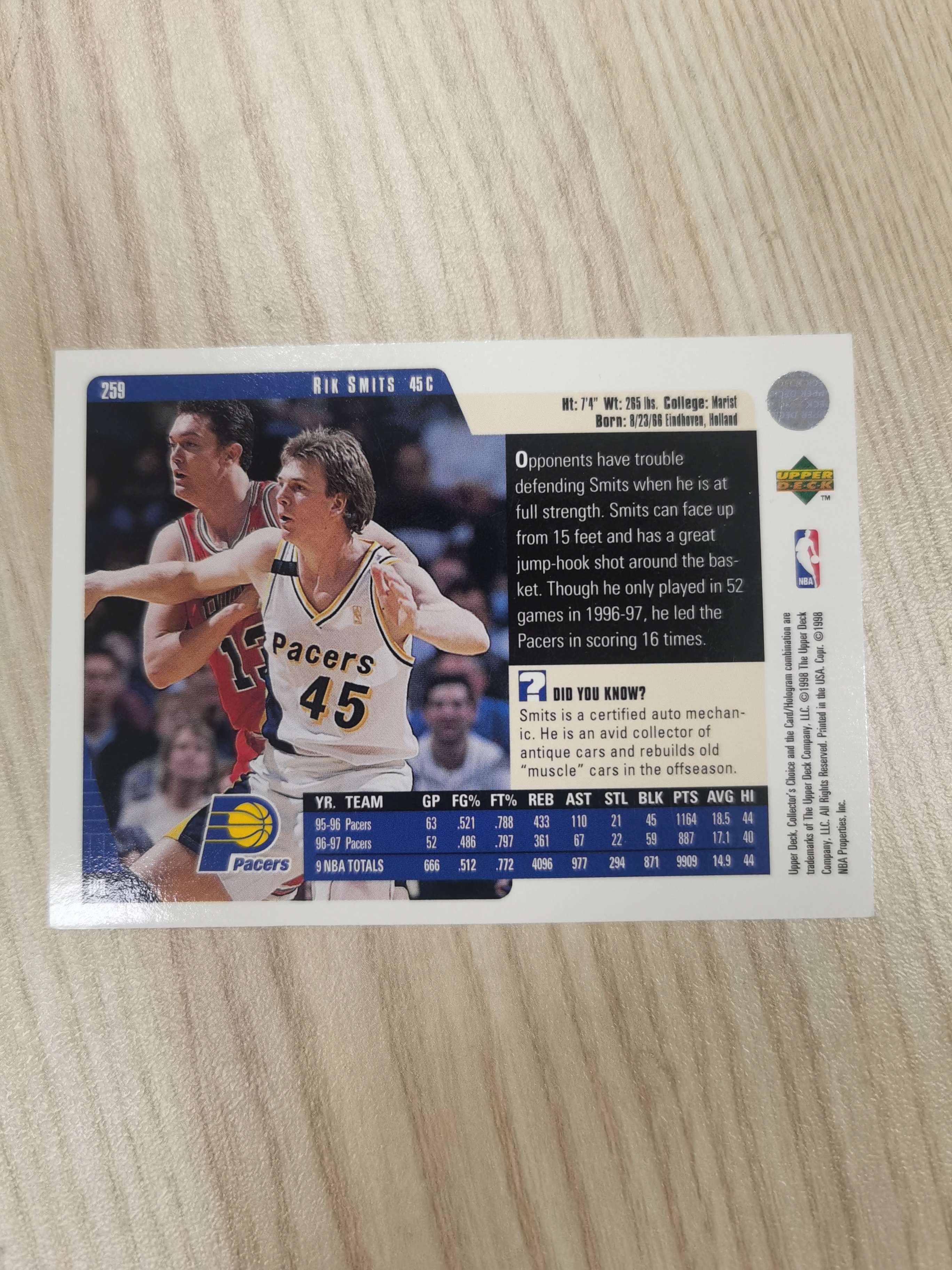 1997-98 Upper Deck Base 里克 史密茨 1997-98 里克·施密茨 UD CC #259 88年榜眼秀 米勒背后的二当家 姚明进NBA的模板1届全明星 硬通货 步行者