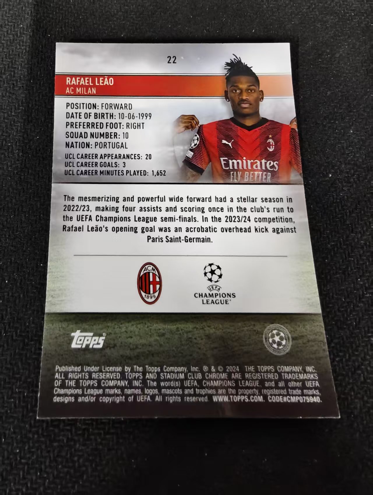 【可合并,不累计】2024 Topps Stadium Club Chrome Rafael Leao AC米兰 葡萄牙 莱奥 竞技场 欧冠 划痕 边角瑕疵 #22