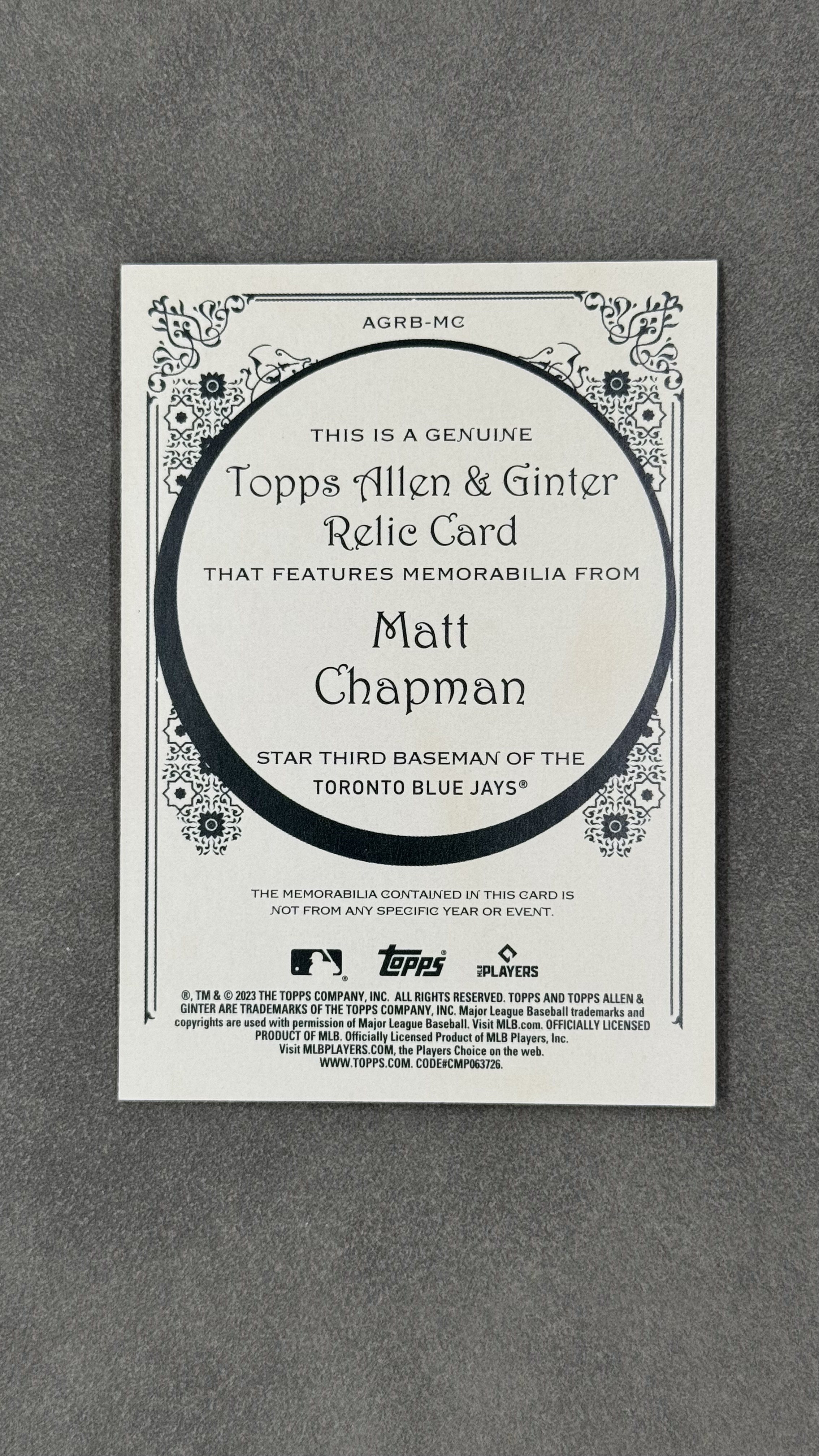 2023 Topps Allen & Ginter Matt Chapman 蓝鸟队 曼特 查普曼 game used 亲穿球衣 实卡好看 值得凑套收藏 #AGRB-MC