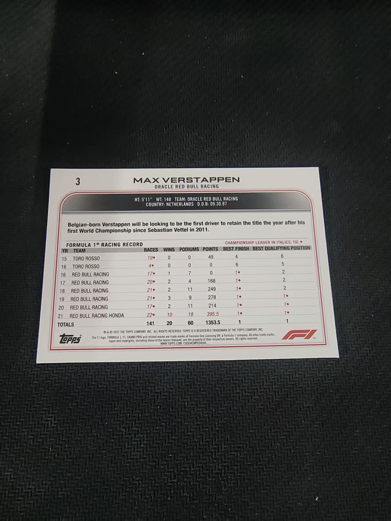 【汽水拍卖】2022 Topps Chrome F1 Max Verstappen 维斯塔潘 红牛 黑白棋盘 划痕 边角瑕疵 #3