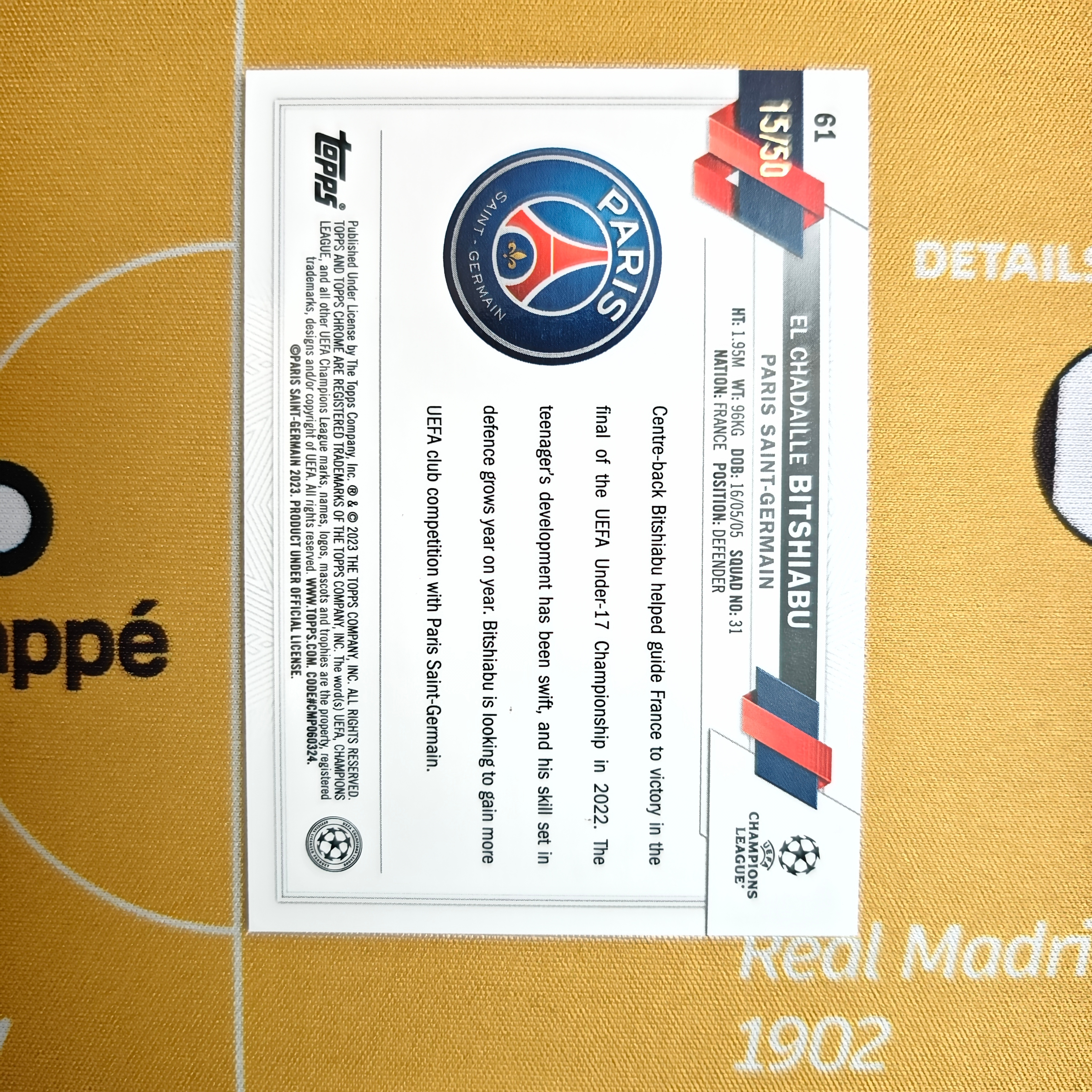 2023 Topps Chrome El Chadaille Bitshiabu RC 法国 莱比锡 比希亚布 比夏布 新秀 15/50橙碎冰折 未来可期 专收必备 通行卡品