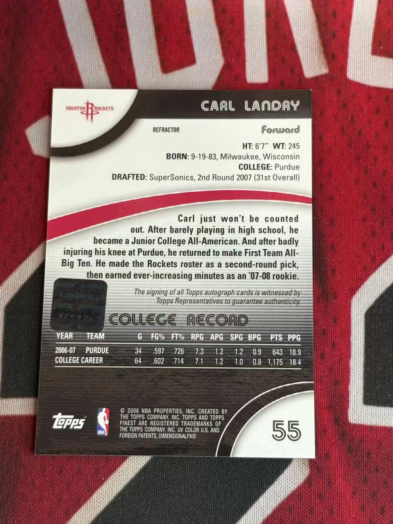 2007-08 NBA TOPPS FINEST 火箭名宿 新秀RC 神鸟 卡尔兰德里 签字卡 新秀签 银折 折射 专收凑套必备【烂臭嘴拍卖】