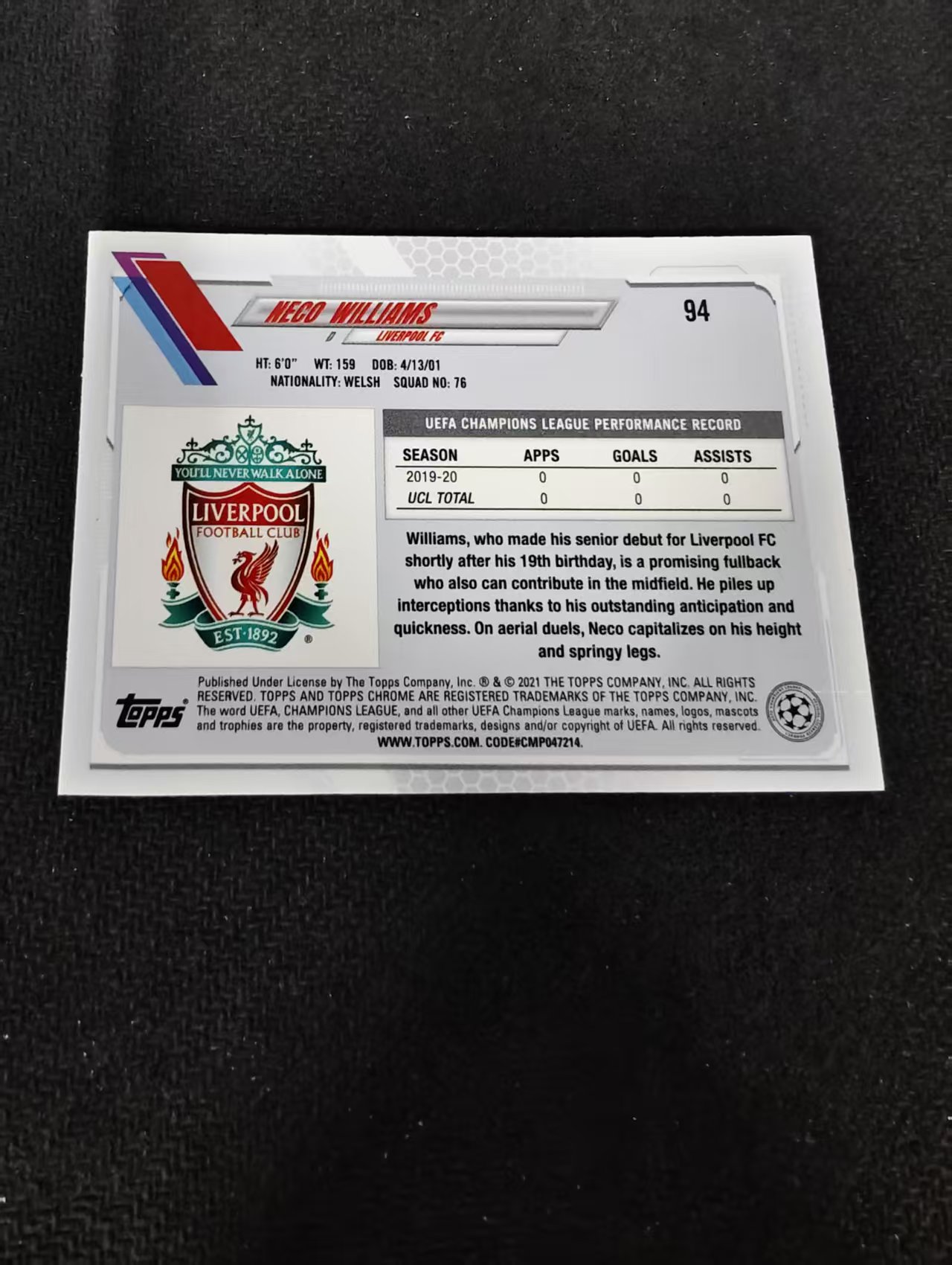 【可合并,不累计】2021 Topps Chrome Neco Williams RC 内科 威廉姆斯 新秀 利物浦 欧冠 蓝宝石 蓝碎冰 #94 划痕 边角瑕疵