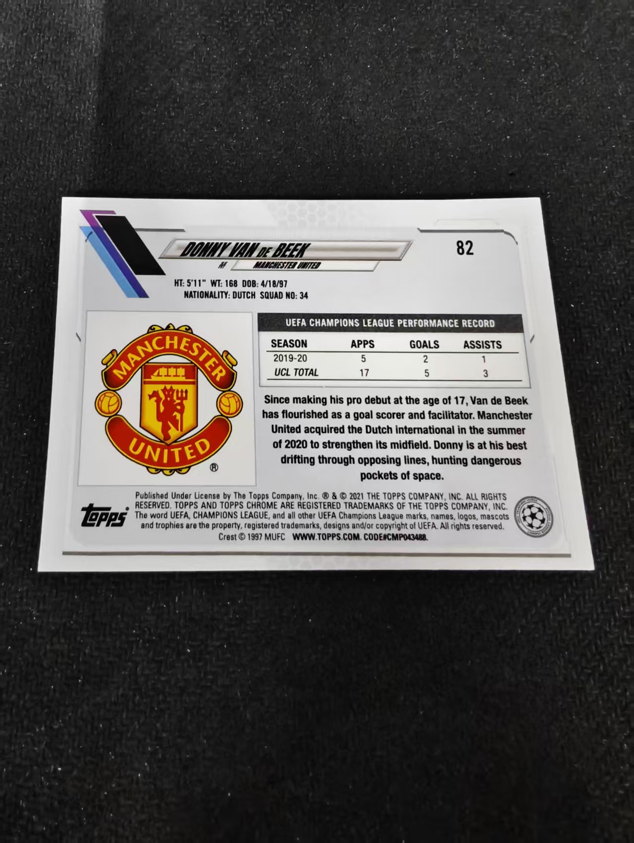 【可合并,不累计】2021 Topps Chrome Donny van de Beek 唐尼·范德贝克 曼联 欧冠 碎花折 碎点折 划痕 边角瑕疵 #82