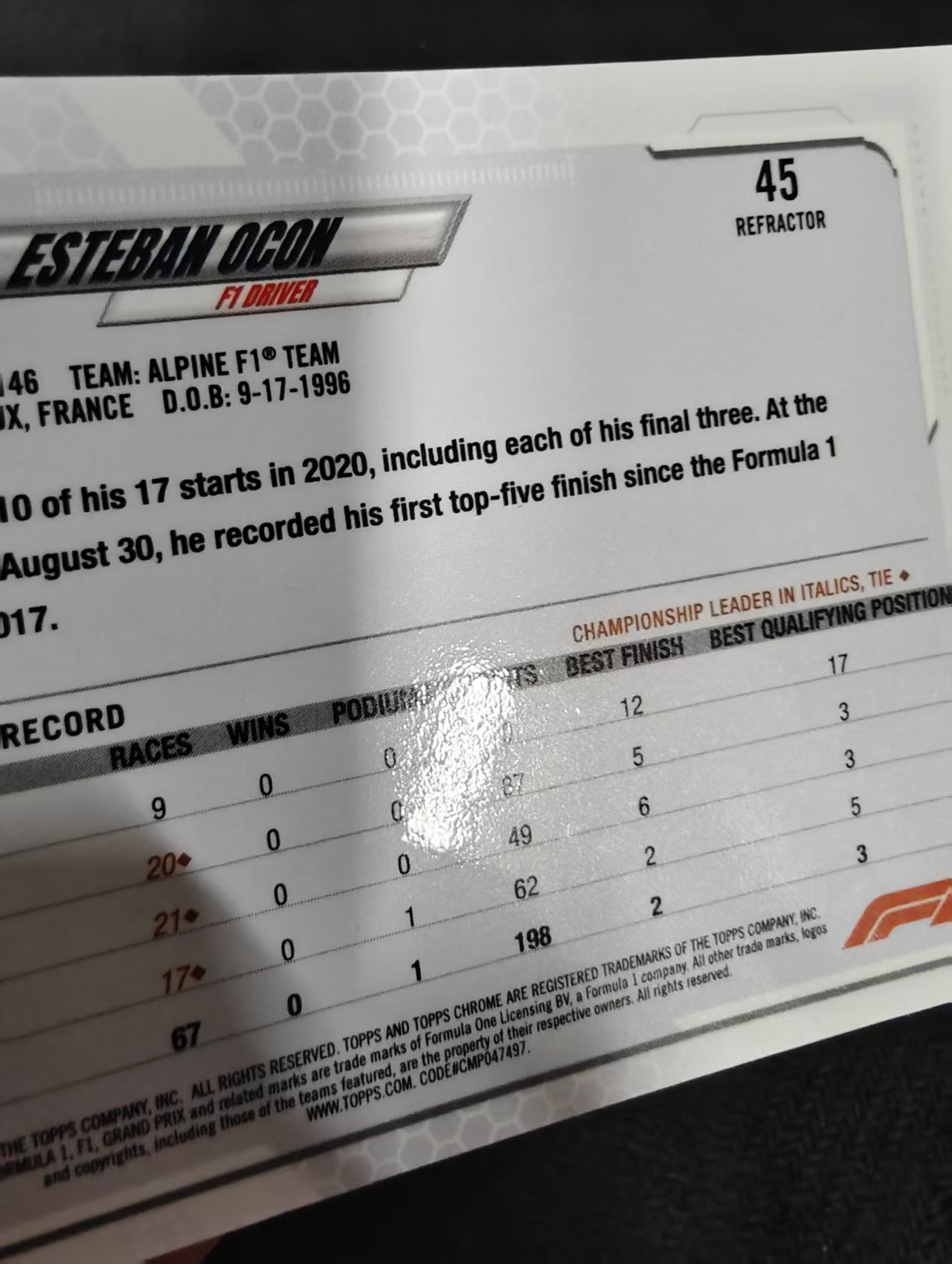2021 Topps Chrome F1 Esteban Ocon 埃斯塔班 奥康 银折 划痕 边角瑕疵 #45