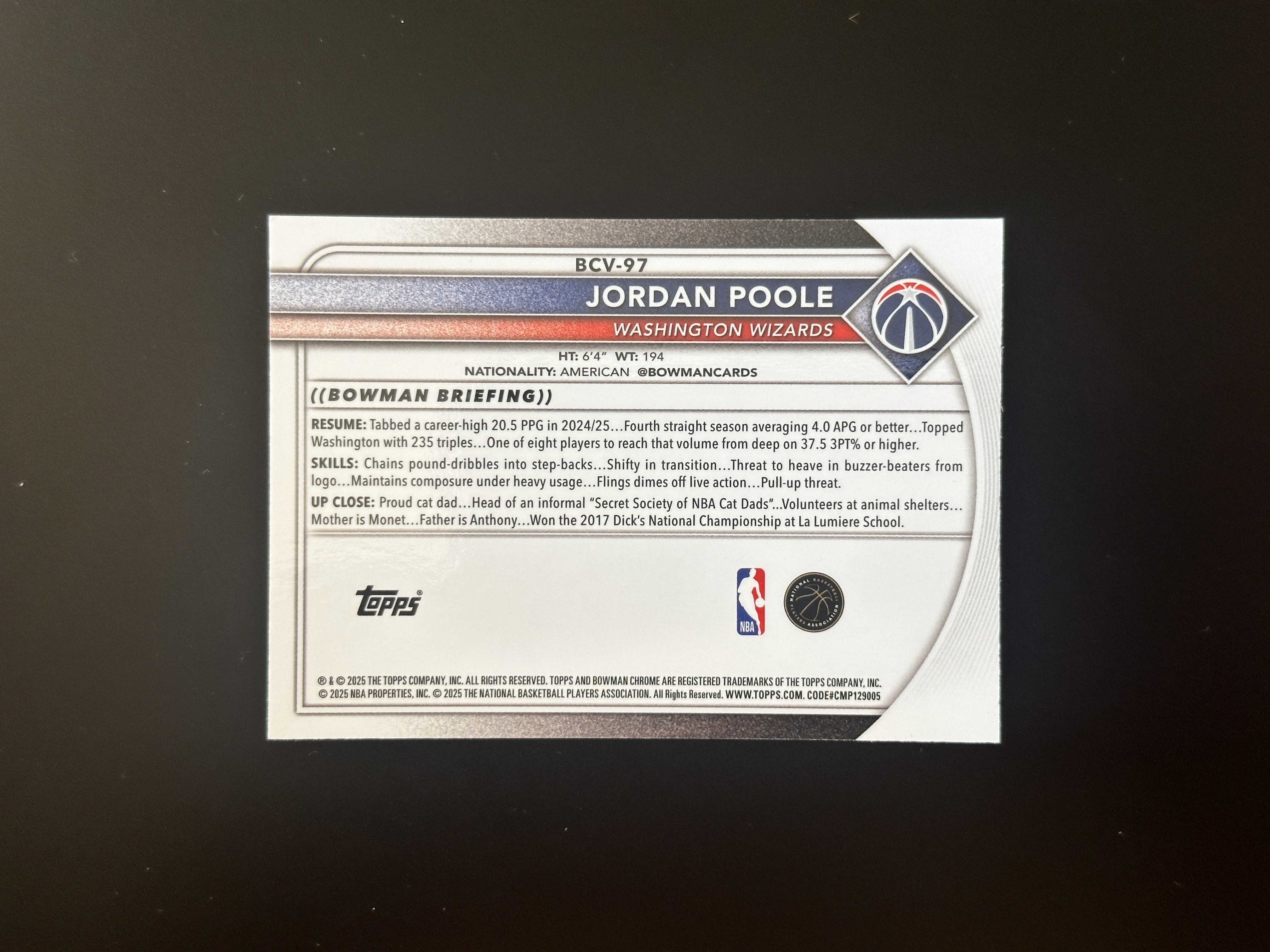 2025 Topps Bowman Jordan Poole TC 鲍曼 奇才 乔丹 普尔 299编 碎点折 银折 收藏必备 卡品如图