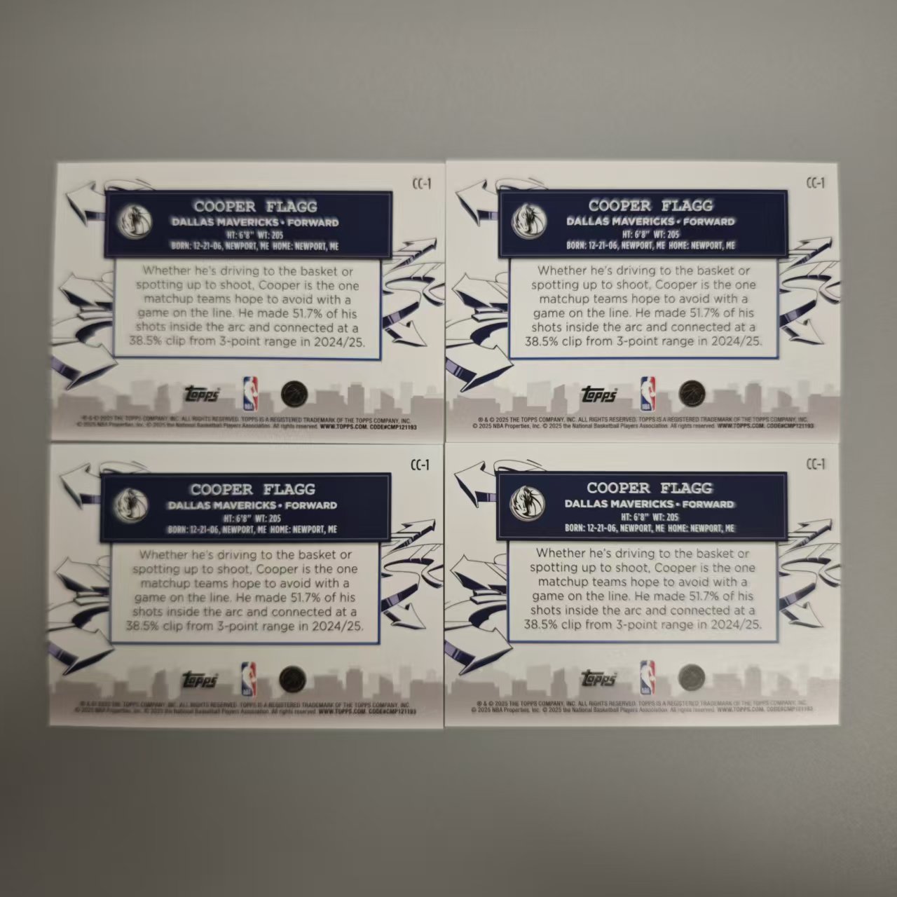 2025 【六六代卖 预付快速回款】 TOPPS Cooper Flagg RC 弗拉格 独行侠 新秀 城市 特卡 折射 四张打包 不保卡品(套子001)
