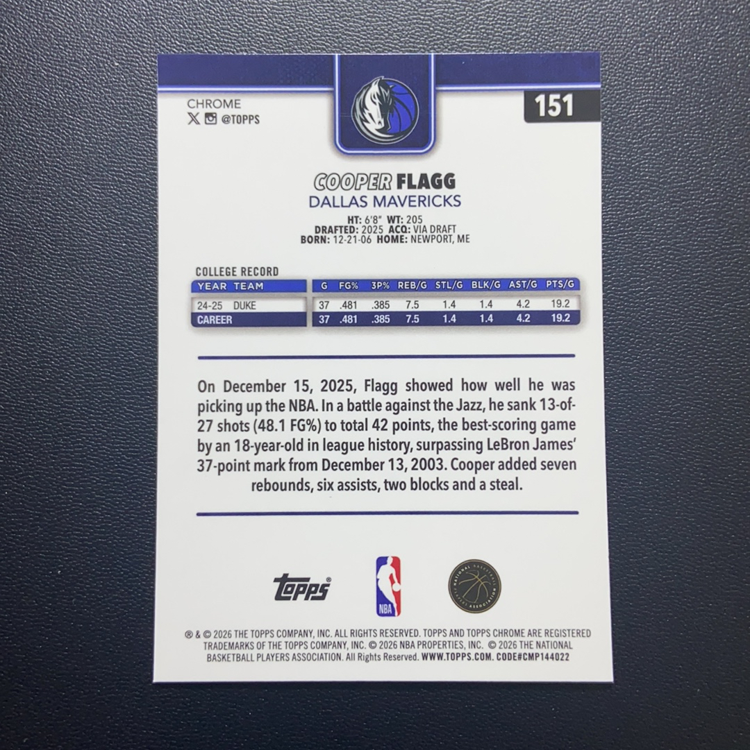 【小牛代拍】2026 Topps Chrome Update Cooper Flagg RC TCU 新秀 库珀 弗拉格 正Base 大热状元秀 只合并当日订单卡品如图(男)