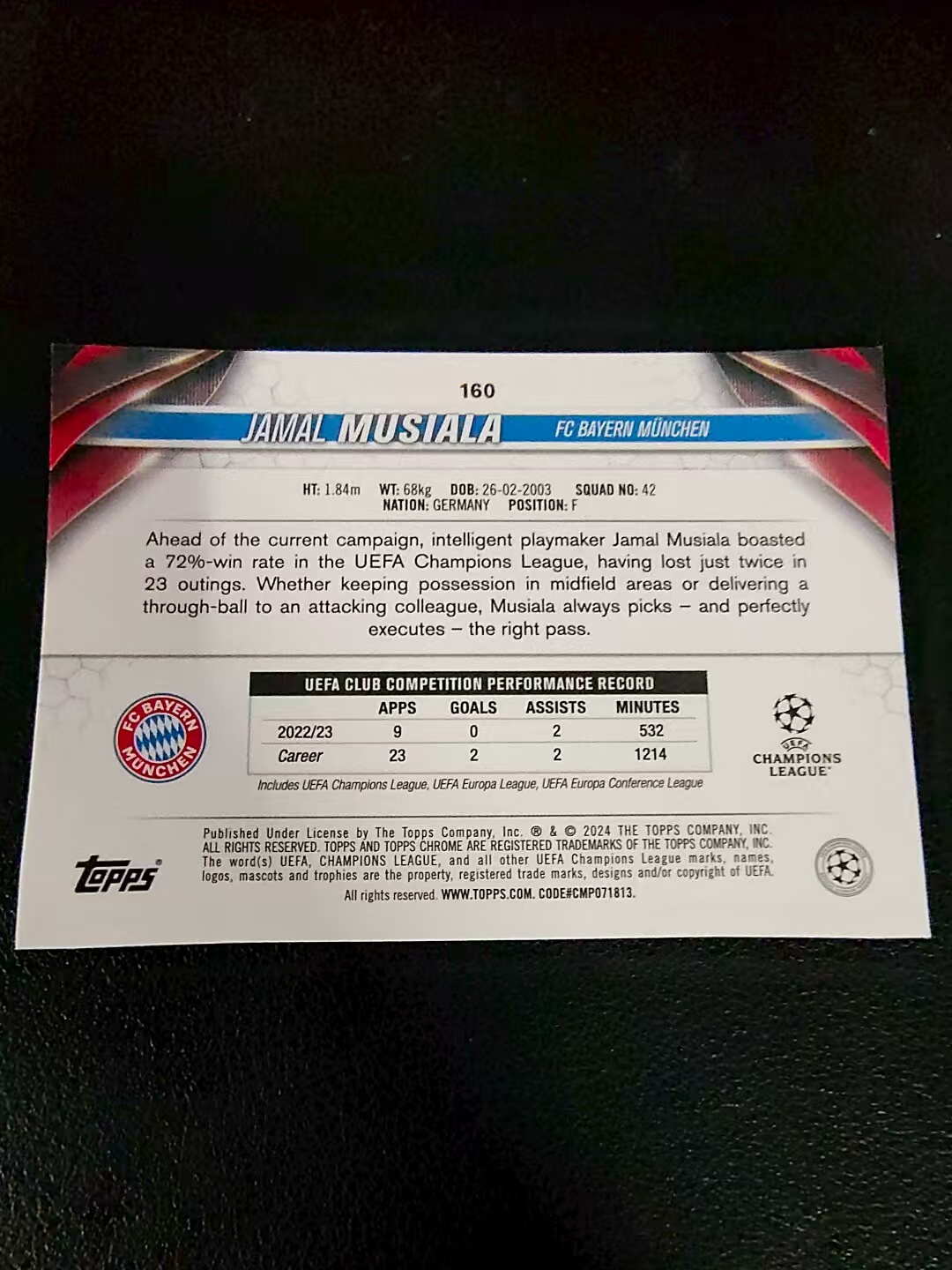 【可合并,不累计】2024 Topps Chrome Jamal Musiala 穆夏拉 拜仁慕尼黑 欧冠 划痕 边角瑕疵 #160
