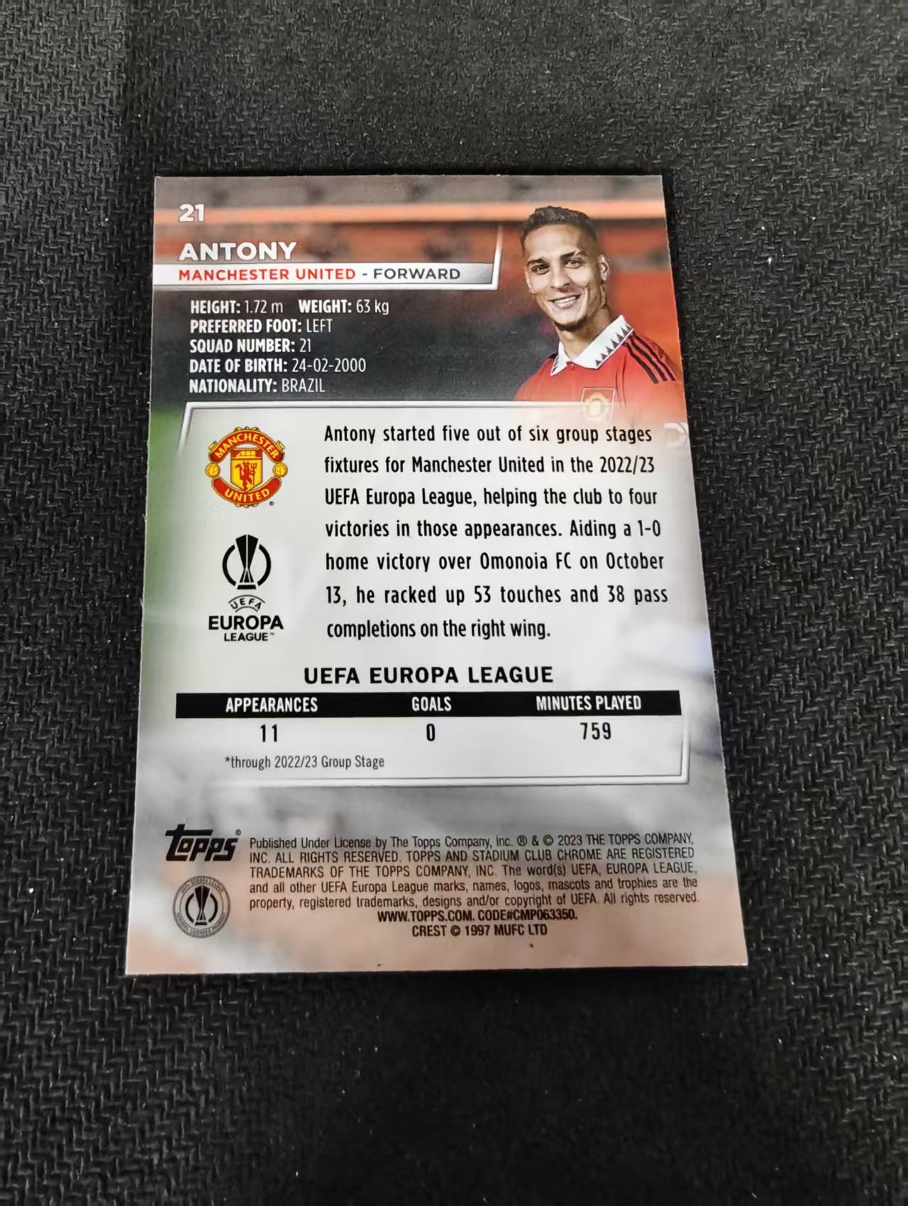 【可合并,不累计】2023 Topps Stadium Club Chrome Antony 曼联 安东尼 欧冠 竞技场 不保卡品 介意勿拍 #21