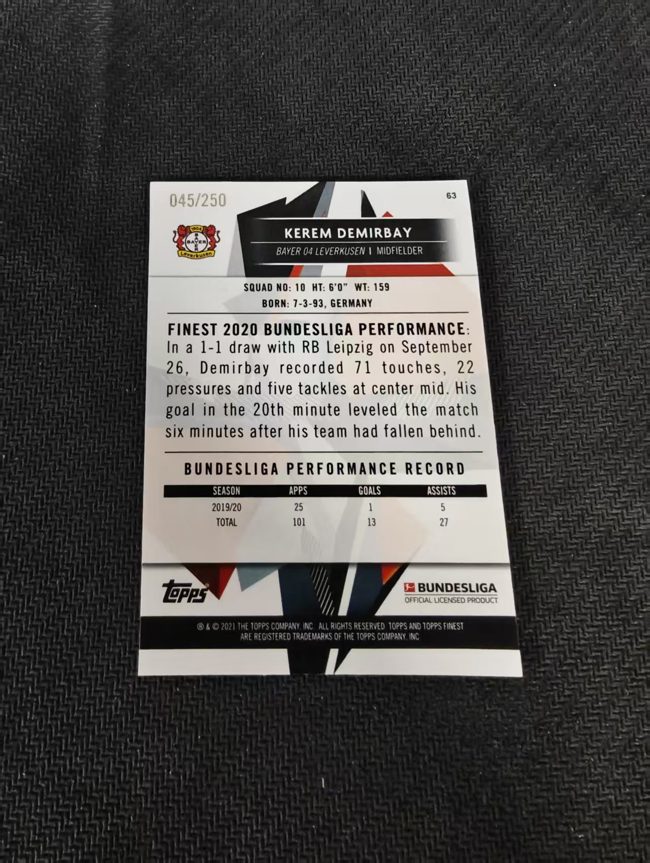 【可合并,不累计】2021 Topps Finest Kerem Demirbay 德甲 勒沃库森 德米尔拜 紫折 250编 瑕疵如图