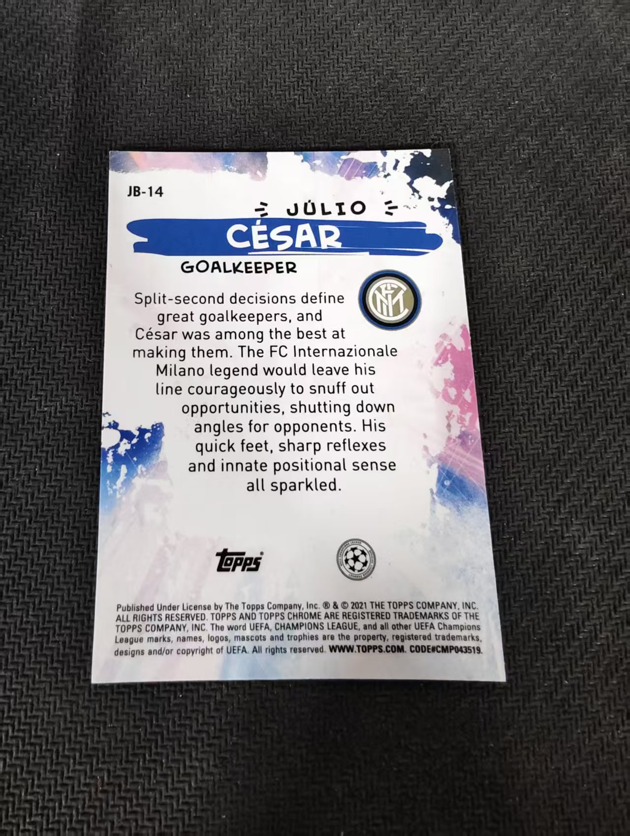 【可合并,不累计】2021 Topps Chrome Julio Cesar 欧冠 胡里奥 塞萨尔 国际米兰 joga 美丽比赛 大比例 划痕 边角瑕疵