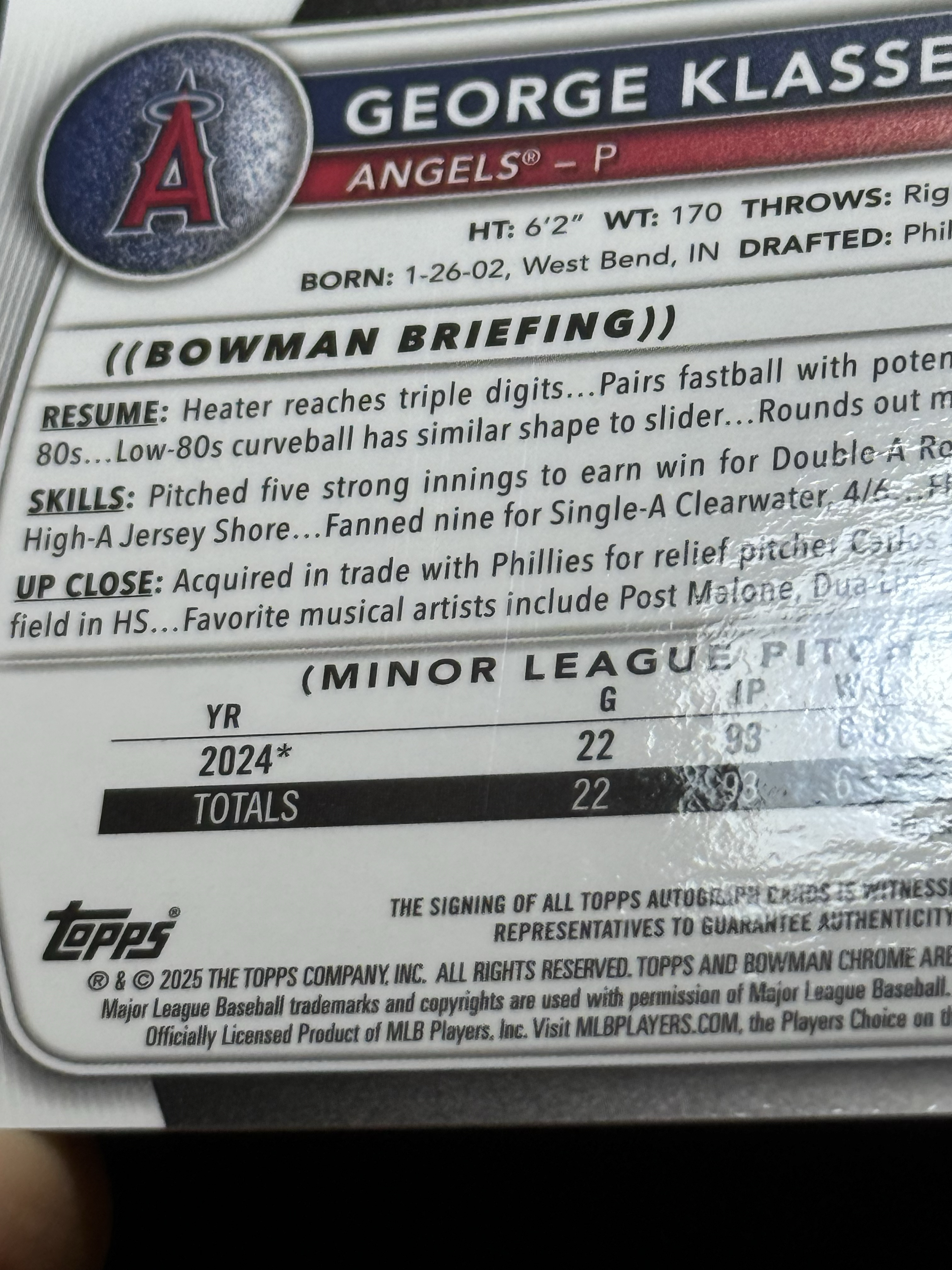 2025 Topps Bowman Chrome George Klassen RC 【小贝代拍】棒球 1ST 新秀 洛杉矶天使 乔治 克拉森 签字 卡签 瑕疵如图 拍前看描述 H EW