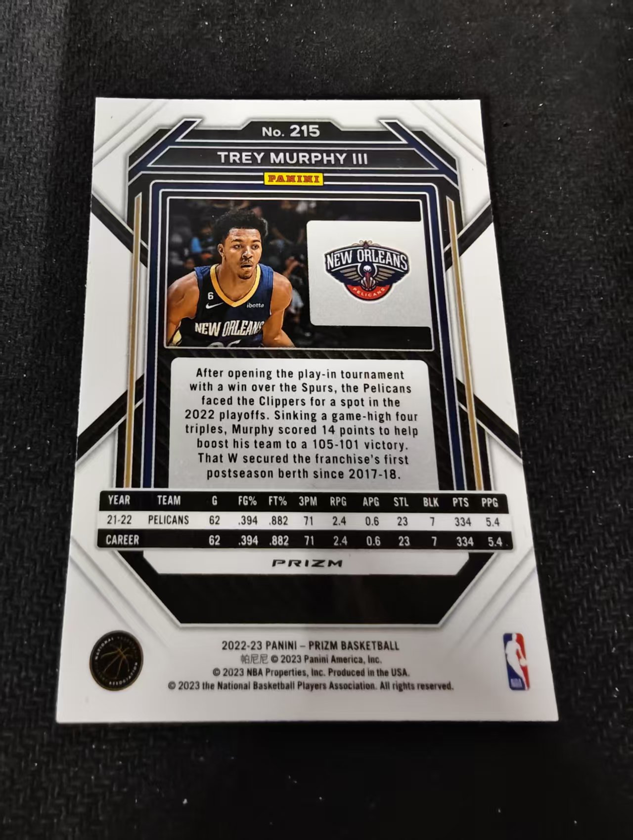 2022-23 Panini Prizm Trey Murphy III 特雷 墨菲三世 鹈鹕 红波纹 PZ 划痕 边角瑕疵 #215