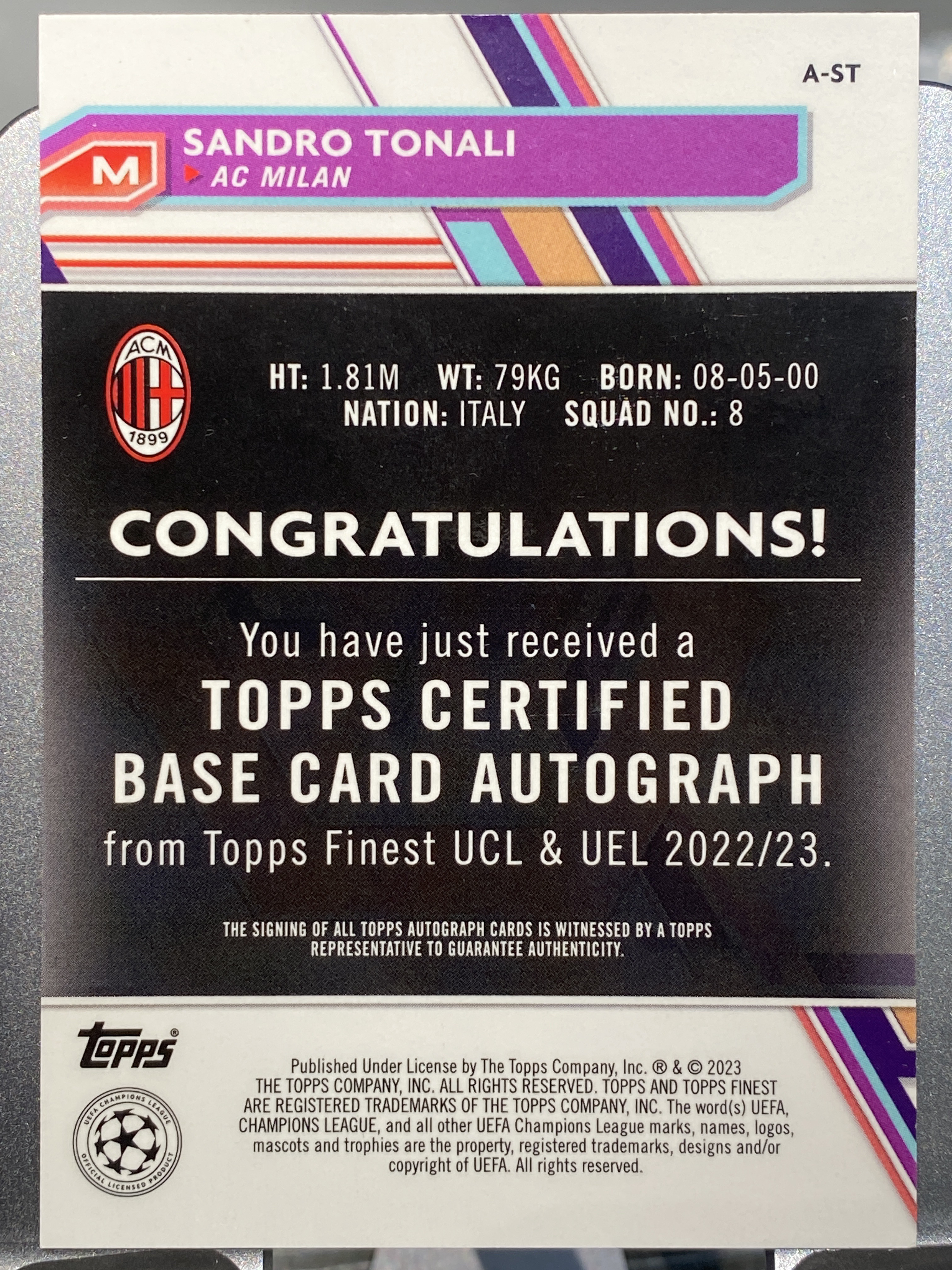 2023 【靓星代拍】 Finest Sandro Tonali 122/150编 欧冠 AC米兰 托纳利 蓝折签字签名 卡品如图 专收凑套必备 #志方