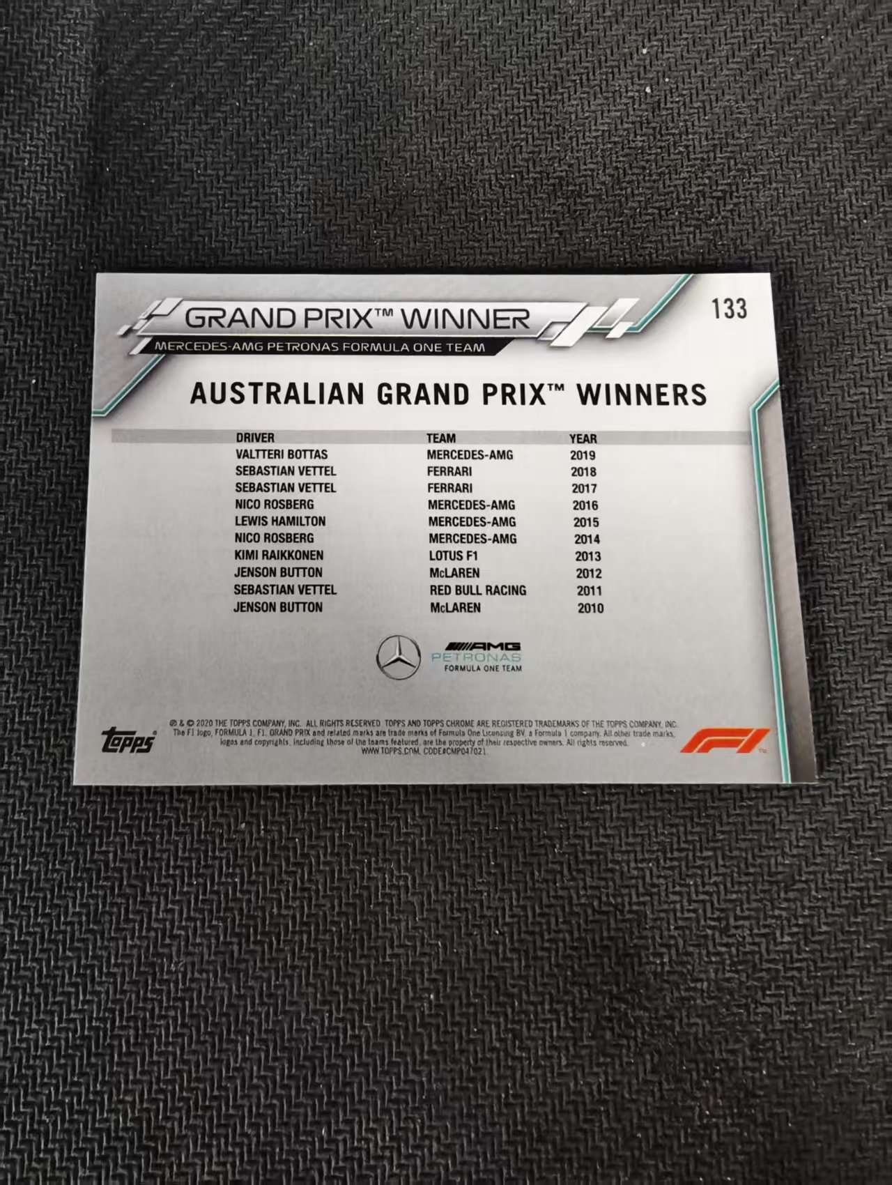 【汽水拍卖】2020 Topps Chrome Valtteri Bottas 元年 瓦尔特里 博塔斯 蓝宝石 碎冰折 瑕疵如图
