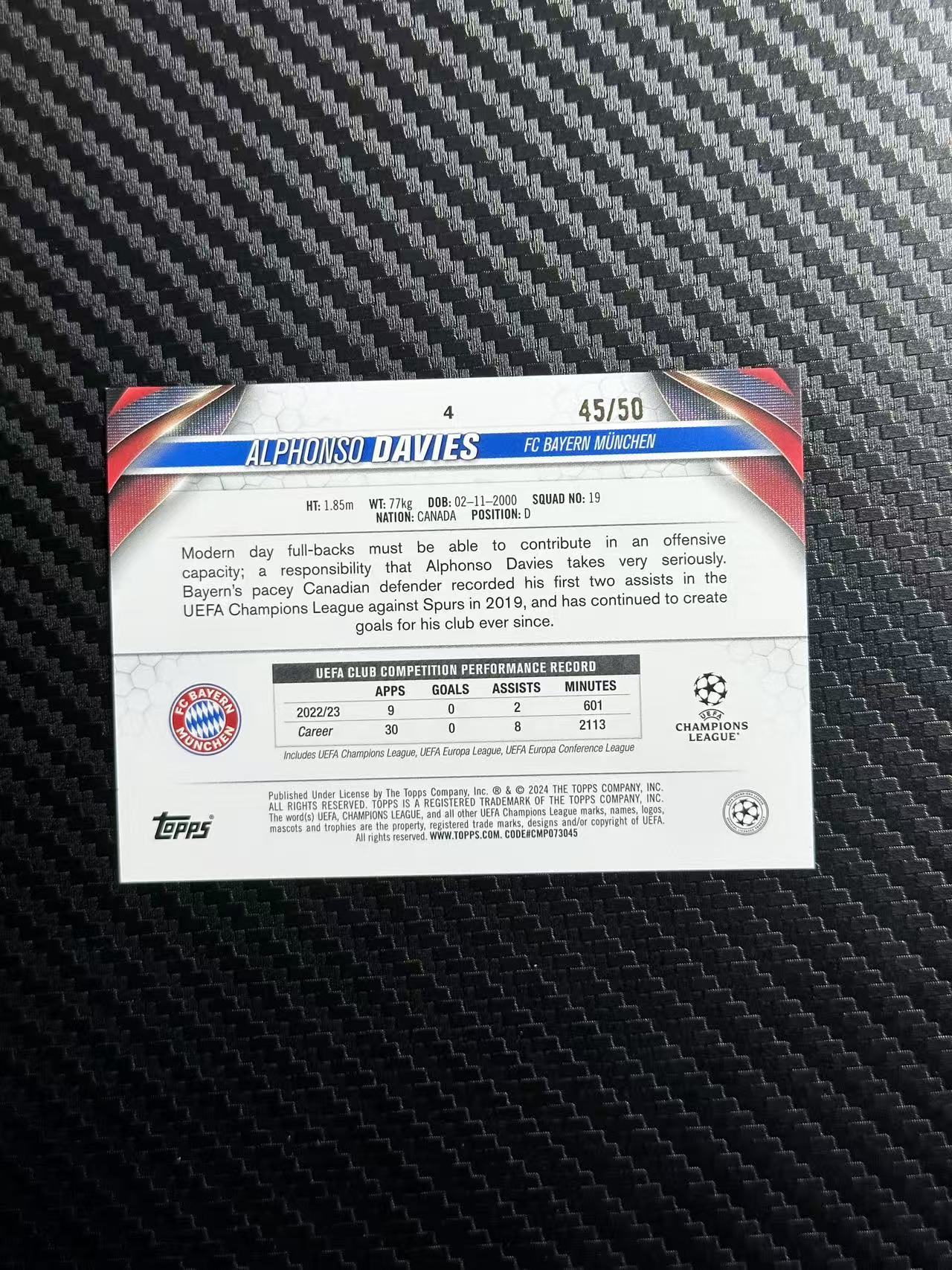 2024 Topps UCC Alphonso Davies 欧冠 碧玉 拜仁慕尼黑 戴维斯 45/50编 金玉折 卡品如图 拍前看描述