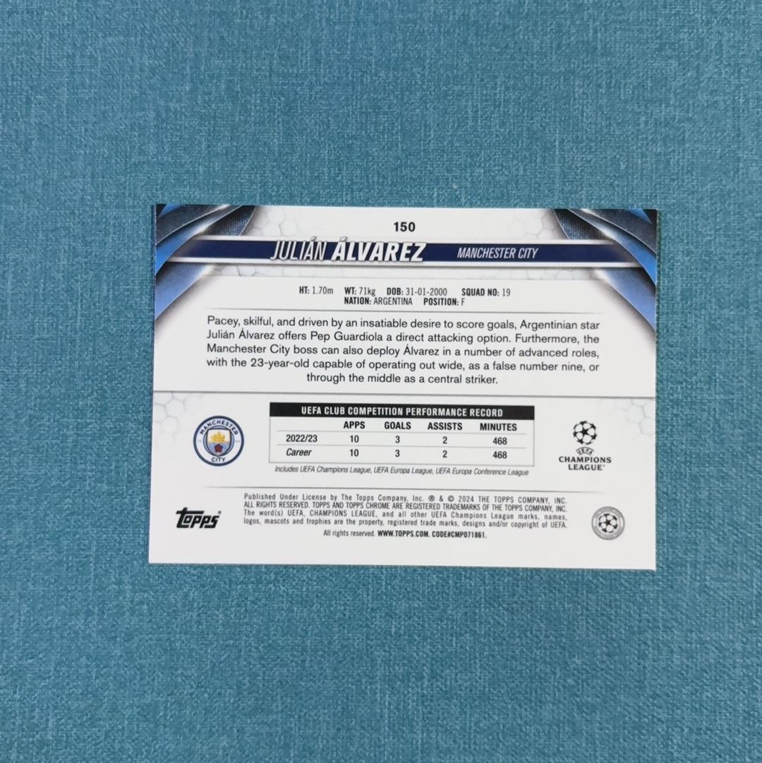 2023-24 Topps Chrome 欧战 Julian Alvarez 小蜘蛛 阿尔瓦雷斯 02/99编 蓝折 曼城 马德里竞技 马竞 卡品如图 CJX