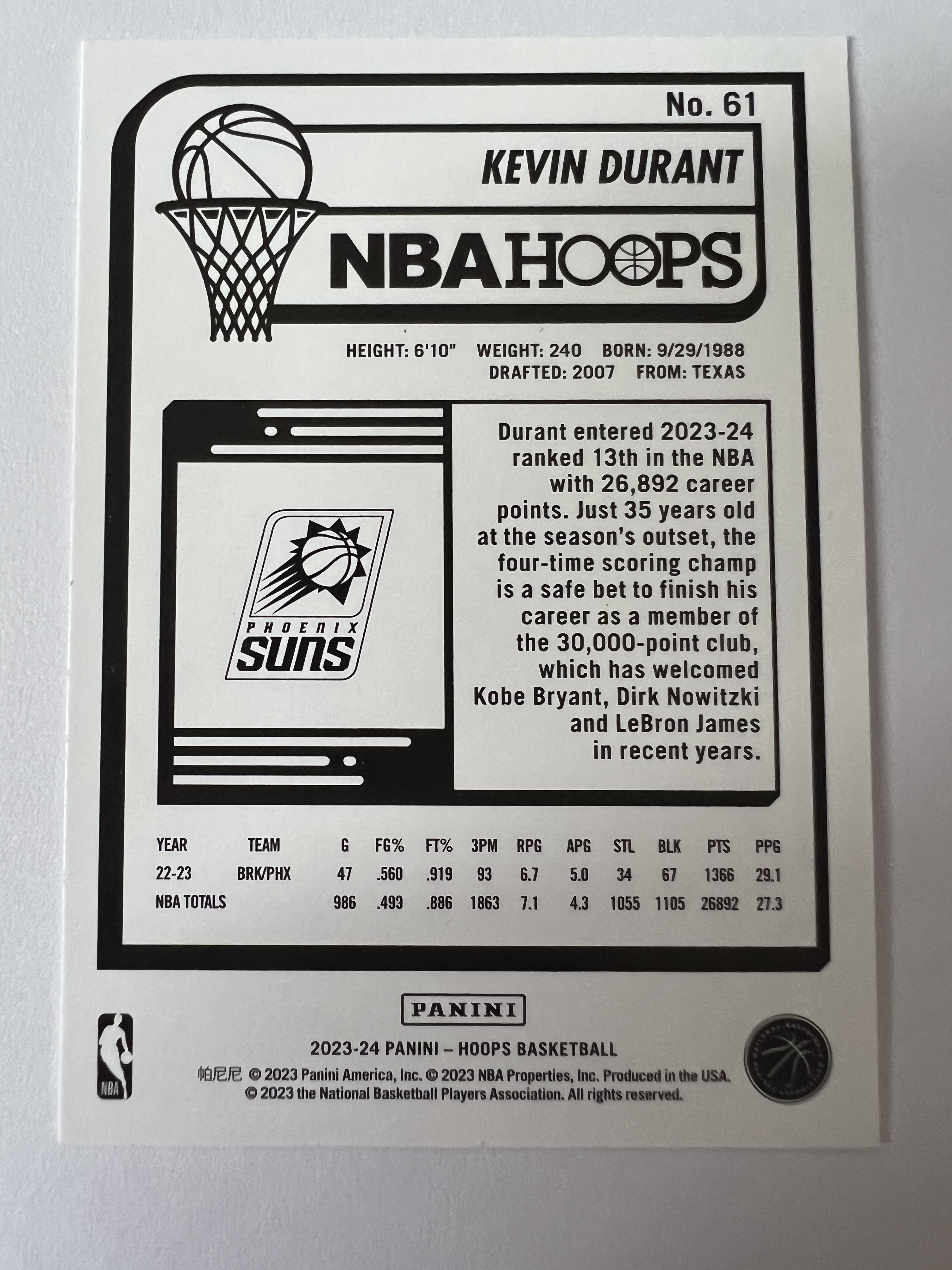 2023-24 Panini NBA Hoops Kevin Durant 凯文 杜兰特 死神 KD 太阳队 热门球星 收藏必备 凑套必备 实卡精美 #61