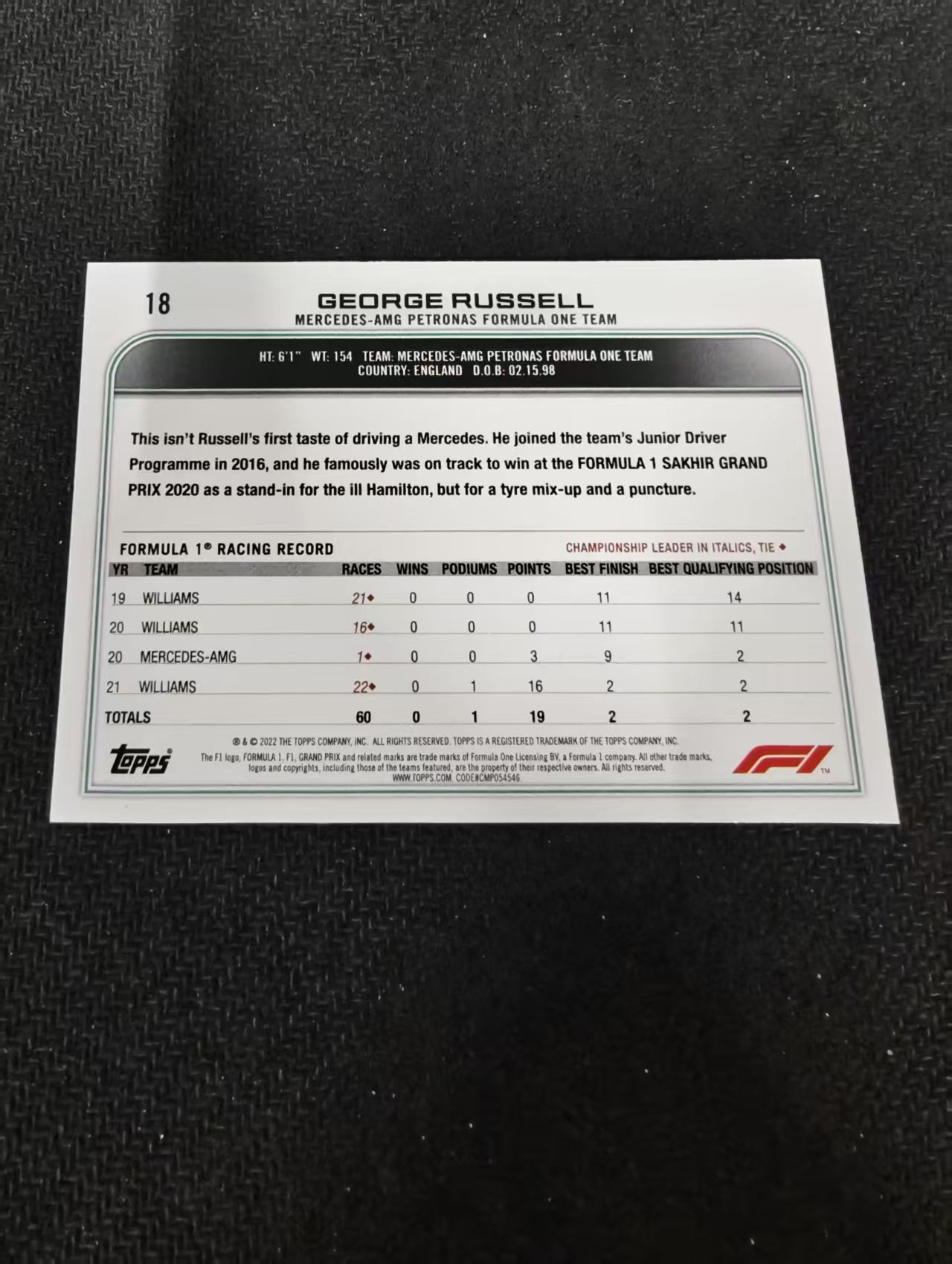2022 Topps Chrome F1 George Russell 乔治 拉塞尔 梅奔 划痕 边角瑕疵@18