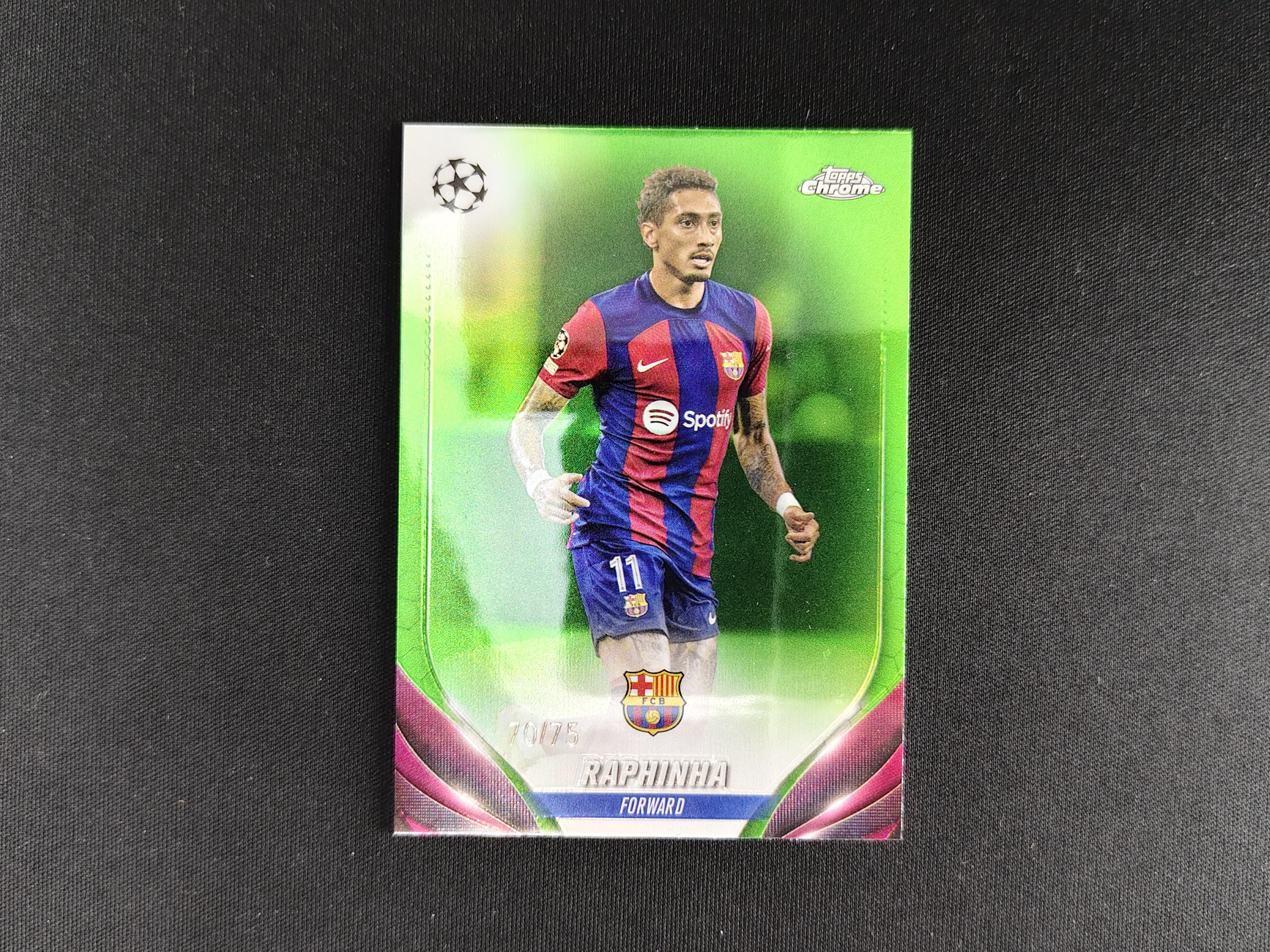 2024 Topps Chrome Raphinha 欧冠【免费接代拍】巴萨 拉菲尼亚 75编 低编 荧光绿折 实卡精美 卡品如图