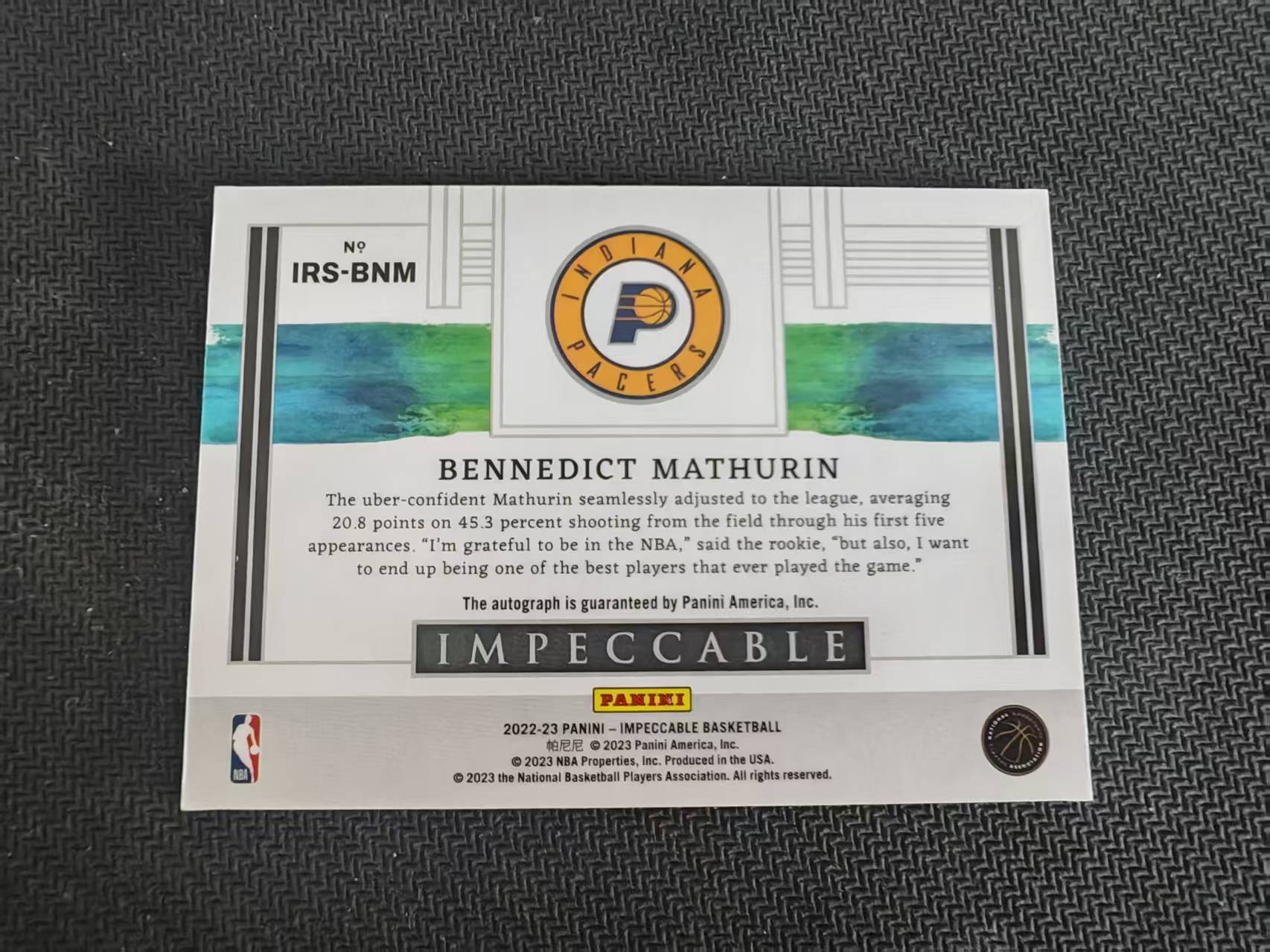 「钢炮拍卖」2022-23 Panini Impeccable Bennedict Mathurin RC 小真金 新秀 步行者 马图林 10编 卡签 签字 金平行 收藏必备 G 鹏浩