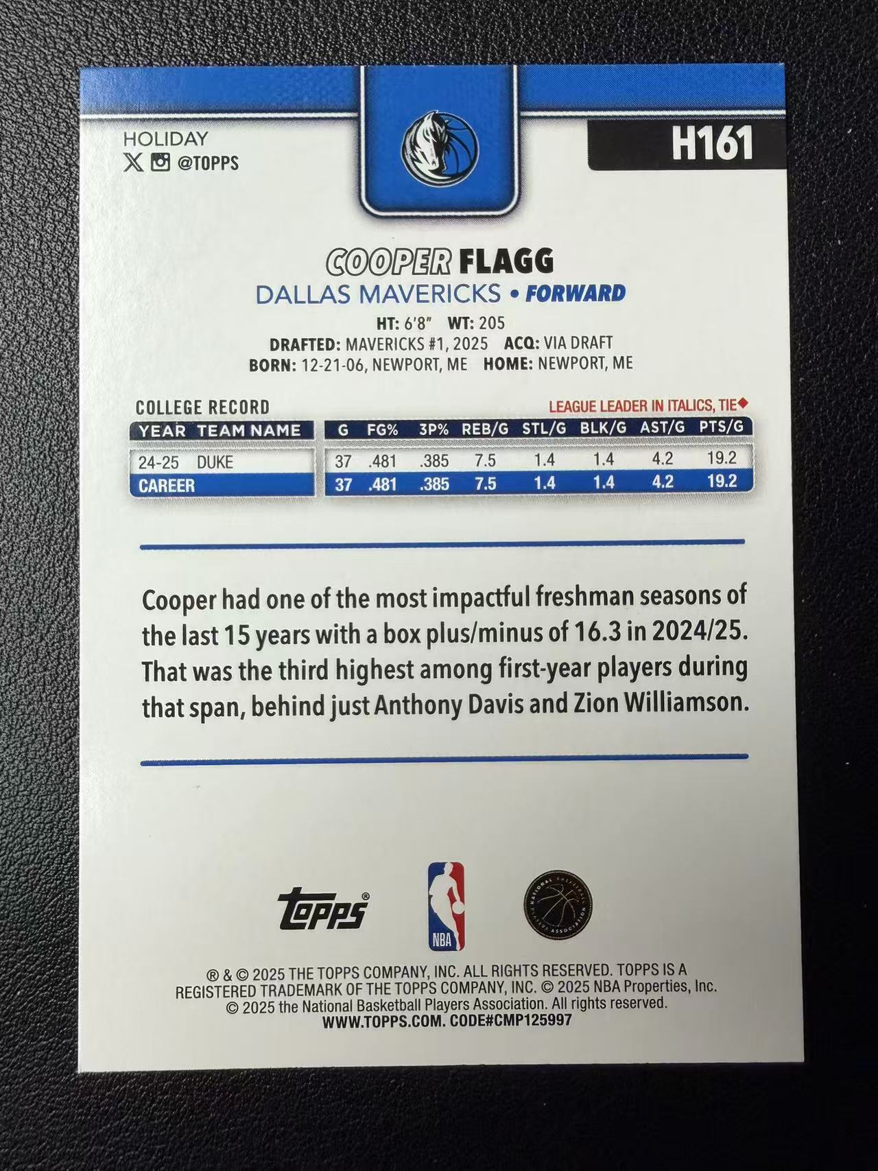 2025 Topps Holiday Cooper Flagg RC Topps 假日系列 独行侠 库珀 弗拉格 新秀 灰平行 碎闪折 圣诞元素 卡品如图(郭)