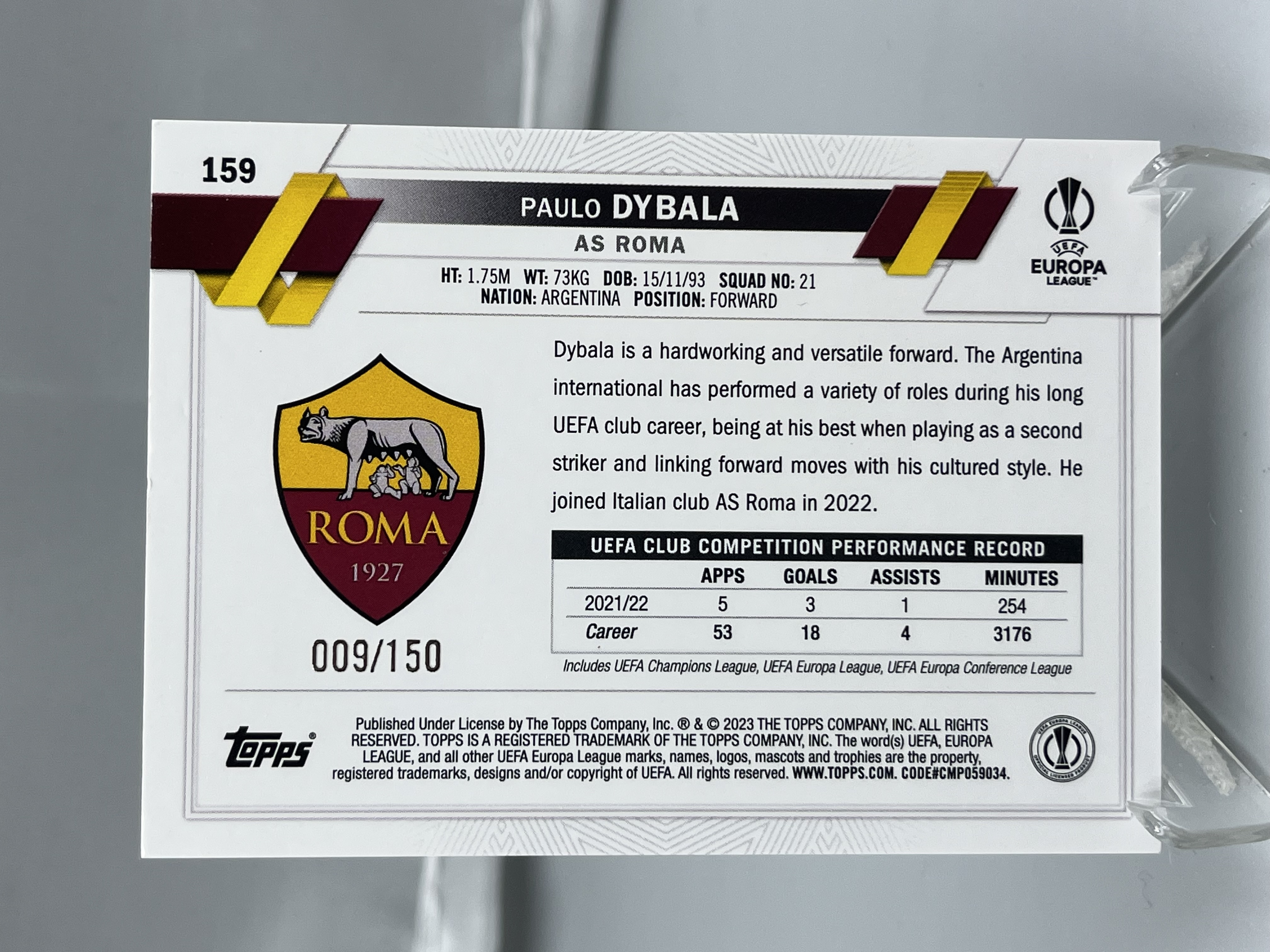 2023 Topps UCC Paulo Dybala 欧冠欧战 罗马 迪巴拉 009/150编 黑白点点折 碎花折 黑白折 阿根廷 瑕疵如图【暴富 三哥】183
