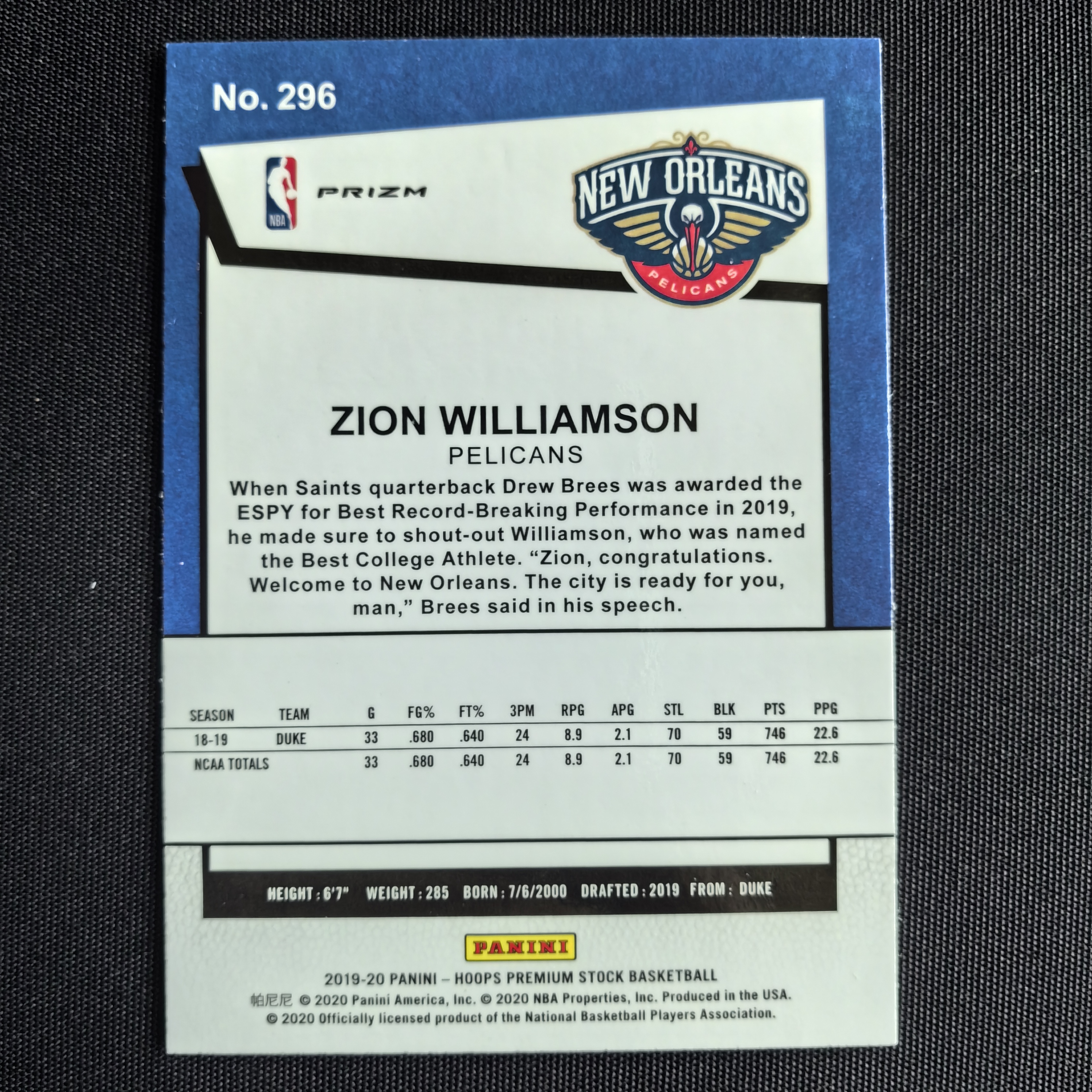 2019-20 Panini NBA Hoops Zion Williamson RC 【盛世代拍】鹈鹕 新秀 状元 锡安 蔡恩 胖虎 大比例 碎冰折 折射 base 卡品如图 A66